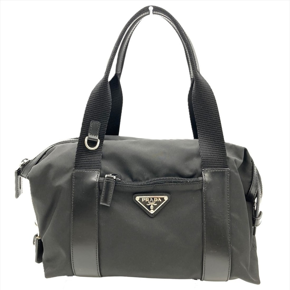 Prada Mini Boston Handbag, Nylon and Leather, BR3697, Black with Silver Hardware, Women's: --- Catalog ---Category: SizeHandle Drop: 16.00cm / 6.30''Size (HxWxD): 18cm x 27.5cm x 15cm / 7.08'' x 10.82'' x 5.9''Category: DesignType: HandbagColor: BlackGender: WomenClosure: ZipperMaterial: Ny
