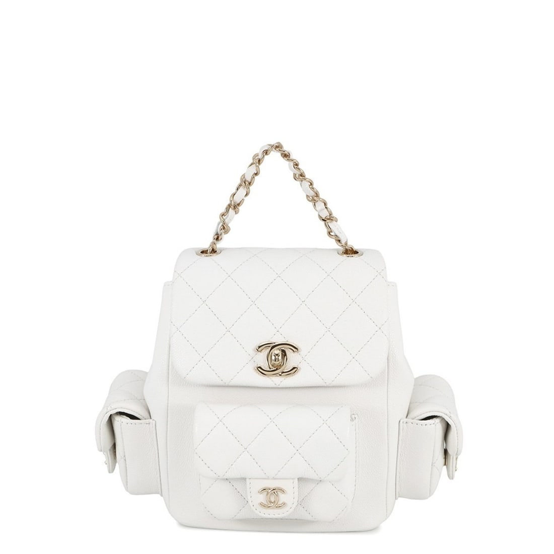 CHANEL Matelasse Coco Mark Multi-Pocket Caviar Leather Backpack AS4399 White Chanel Women's Bag: --- Catalog ---Category: SizeWeight: 590g / 1.3lb.Size (HxWxD): 18cm x 18cm x 11cm / 7.08'' x 7.08'' x 4.33''Category: DesignType: BackpackColor: WhiteGender: WomenClosure: FlapMaterial: Grained Calfs