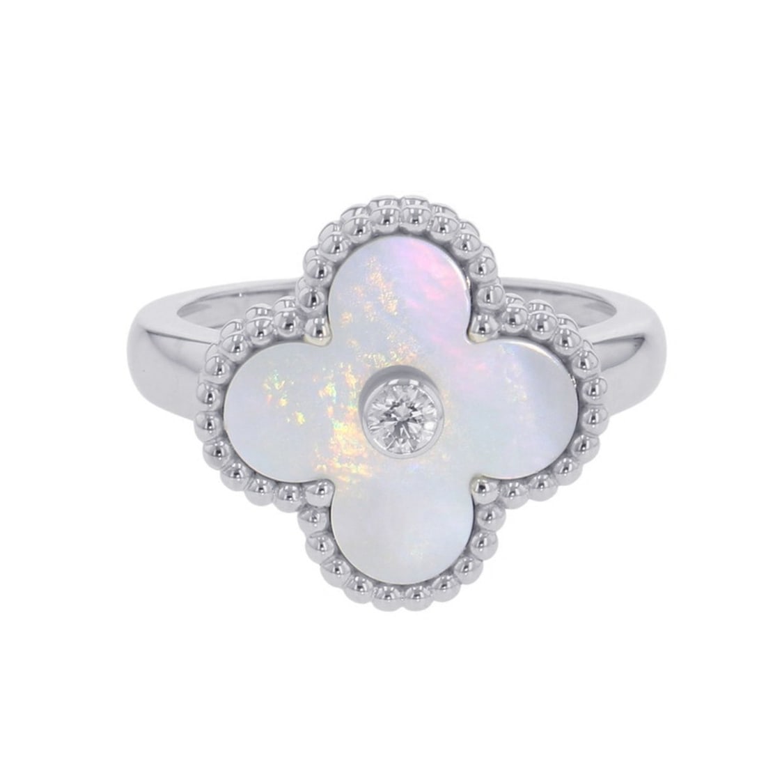 Van Cleef & Arpels Alhambra ring, mother-of-pearl and diamond, 1 piece, 0.05ct, 18KWG, size 50,: --- Catalog ---Category: SizeWidth: 2.6mm / 0.1''Weight: 6.8g / 0.23oz.JP Size: 10US Size: 5.5Category: DesignType: Band ringStone: DiamondGender: WomenSeason: VintageClarity: IFMaterial: White gold (