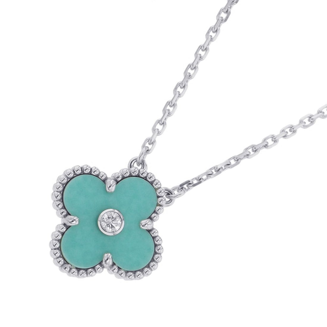 Van Cleef & Arpels Alhambra necklace in celadon green with one diamond 18K white gold (VCARP9RU00).: --- Catalog ---Category: SizeWeight: 7.1g / 0.25oz.Pendant Size: 14.9mm x 14.9mm / 0.58'' x 0.58''Neck Circumference: 37 cm - 41 cm / 14.56'' - 16.14''Category: DesignStone: DiamondGender: WomenSeason
