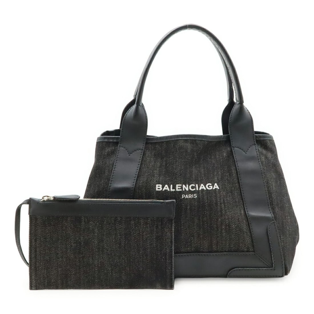 BALENCIAGA Navy Cabas S Small Handbag Tote Bag in Denim and Leather, Black, 339933: --- Catalog ---Category: SizeSize (HxWxD): 22cm x 29cm x 17cm / 8.66'' x 11.41'' x 6.69''Category: DesignType: Handbag, Pouch, Tote bagColor: BlackGender: WomenMaterial: Denim Category: GeneralMPN: 33
