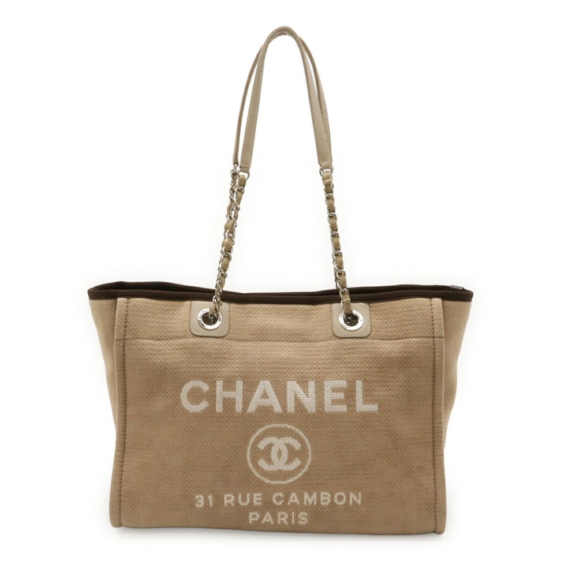 CHANEL Deauville Medium Tote MM Bag Shoulder with Chain Strap, Beige and Brown, A67001: --- Catalog ---Category: SizeSize (HxWxD): 26cm x 34cm x 13cm / 10.23'' x 13.38'' x 5.11''Category: DesignType: Shoulder bag, Tote bagColor: Beige, BrownGender: WomenMaterial: Canvas , Leather Categor