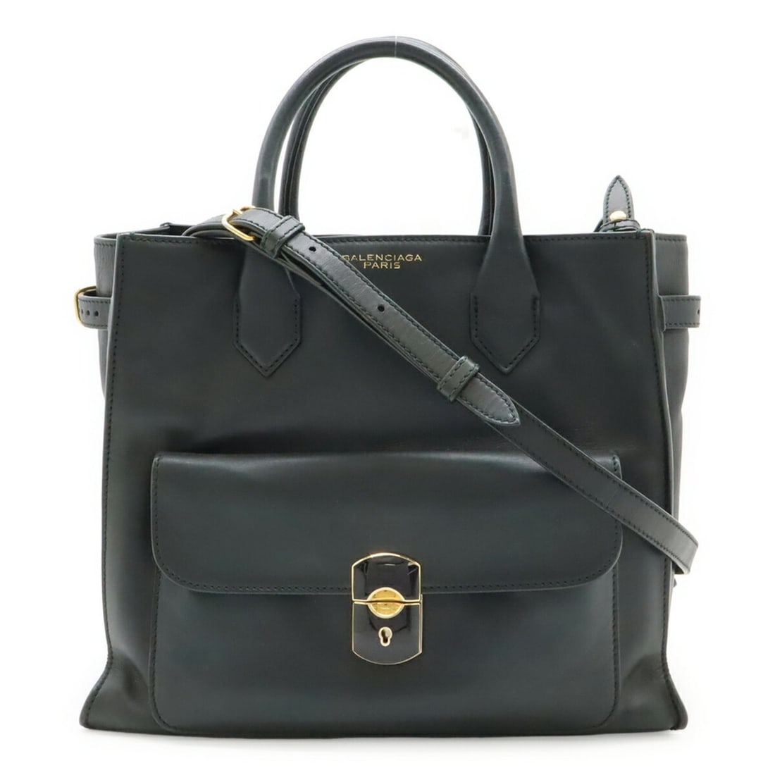 BALENCIAGA Padlock All Afternoon Handbag/Shoulder Bag, Dark Green Leather, Key Missing, 305593: --- Catalog ---Category: SizeSize (HxWxD): 23.5cm x 28cm x 12cm / 9.25'' x 11.02'' x 4.72''Category: DesignType: Handbag, Shoulder bagColor: Dark greenGender: WomenMaterial: Leather Category: GeneralM