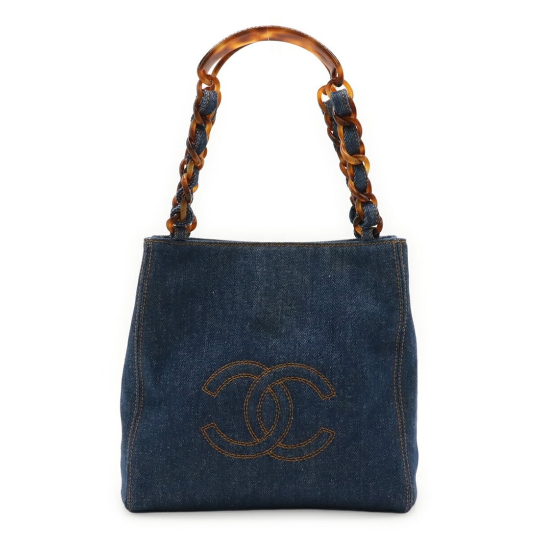 CHANEL Coco Mark Plastic Chain Tote Bag, Mini Tote, Handbag, Chain, Denim, Blue, Demi Brown: --- Catalog ---Category: SizeSize (HxWxD): 22cm x 22cm x 7cm / 8.66'' x 8.66'' x 2.75''Category: DesignType: Handbag, Tote bagColor: Blue, BrownGender: WomenMaterial: Denim , Plastic Category: General