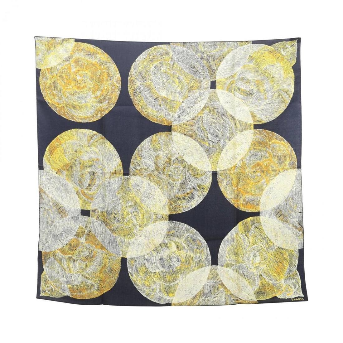 CHANEL Camellia Coco Mark Silk Scarf for Women, Navy and Yellow: --- Catalog ---Category: SizeSize (LxW): 91cm x 91cm / 35.82'' x 35.82''Category: DesignType: ScarfColor: Navy, YellowGender: WomenMaterial: Silk Category: GeneralBrand: Chanel--- Item List ---Section
