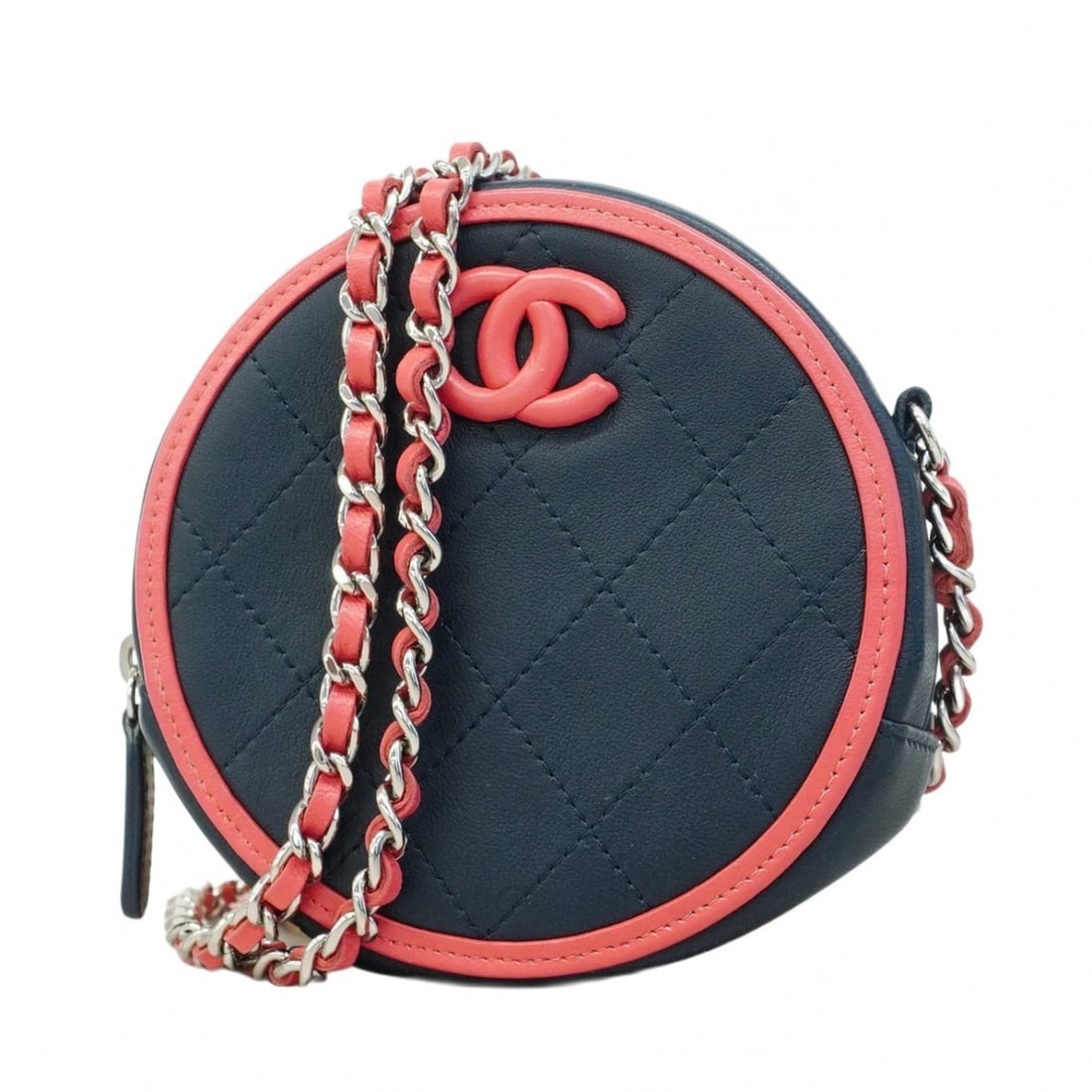 Chanel Matelasse Shoulder Bag with Chain Bag, Lambskin, Navy Pink, Women's: --- Catalog ---Category: SizeSize (HxWxD): 12cm x 12cm x 5cm / 4.72'' x 4.72'' x 1.96''Category: DesignType: Shoulder bagColor: Navy, PinkGender: WomenMaterial: Leather Hardware Color: SilverLeather/F