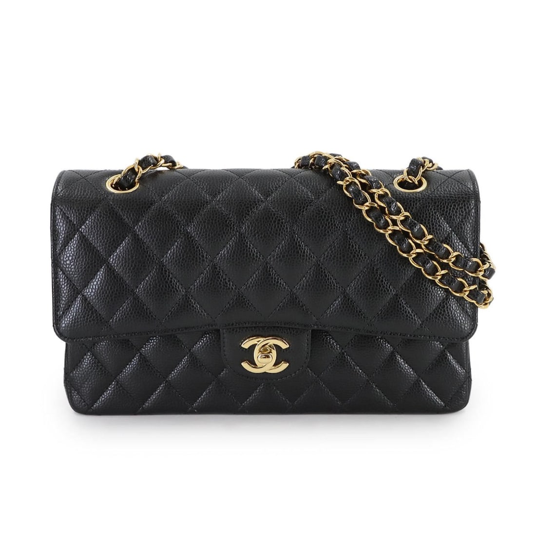 CHANEL Matelasse 25 Chain Shoulder Bag in Black Caviar Leather with Gold Hardware (A01112): --- Catalog ---Category: SizeSize (HxWxD): 15cm x 25cm x 6.5cm / 5.9'' x 9.84'' x 2.55''Category: DesignType: Shoulder bagColor: BlackGender: WomenMaterial: Grained Calfskin Category: GeneralMPN: A011