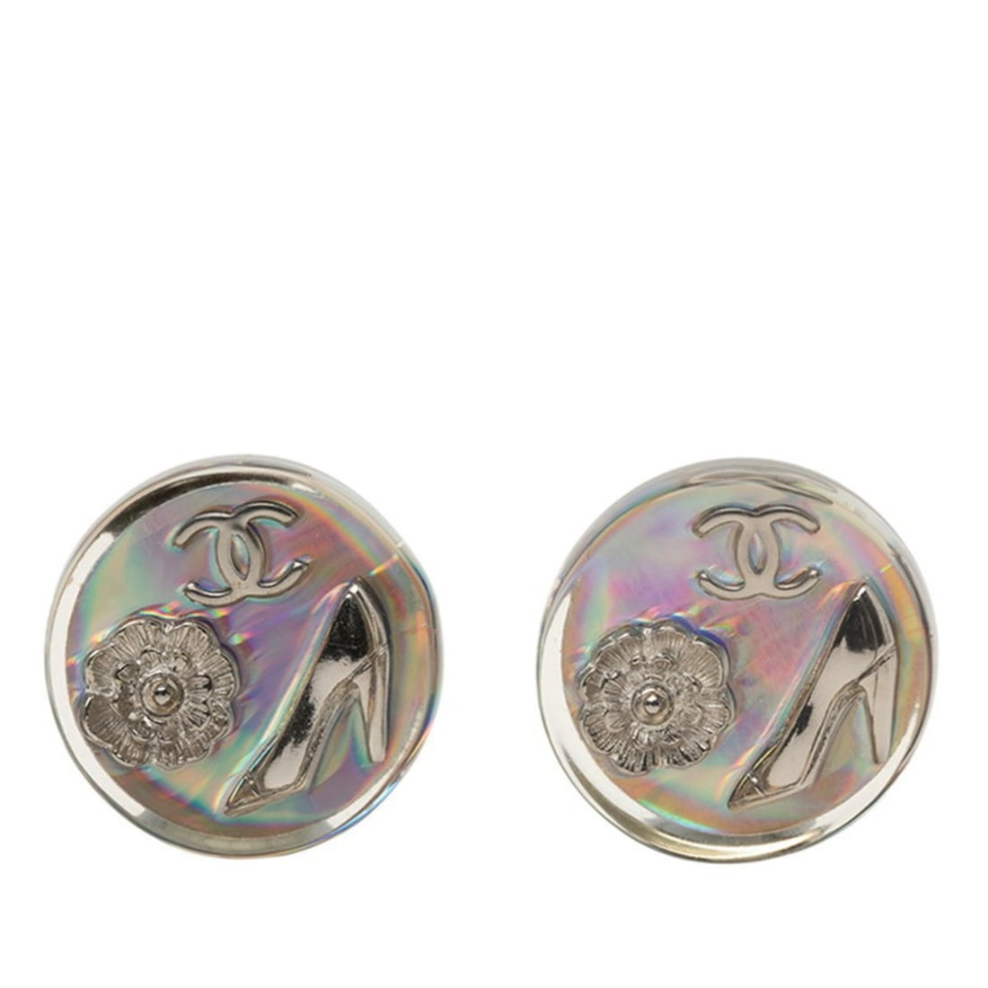 CHANEL Aurora Coco Mark Camellia High Heel Icon Motif Earrings in Silver Metal and Plastic for Women: --- Catalog ---Category: SizeSize (HxWxD): 24.50mm x 24.50mm / 0.96'' x 0.96''Category: DesignType: Clip earringsColor: SilverGender: WomenMaterial: Metal, PlasticCategory: GeneralBrand: Chanel--- Ite