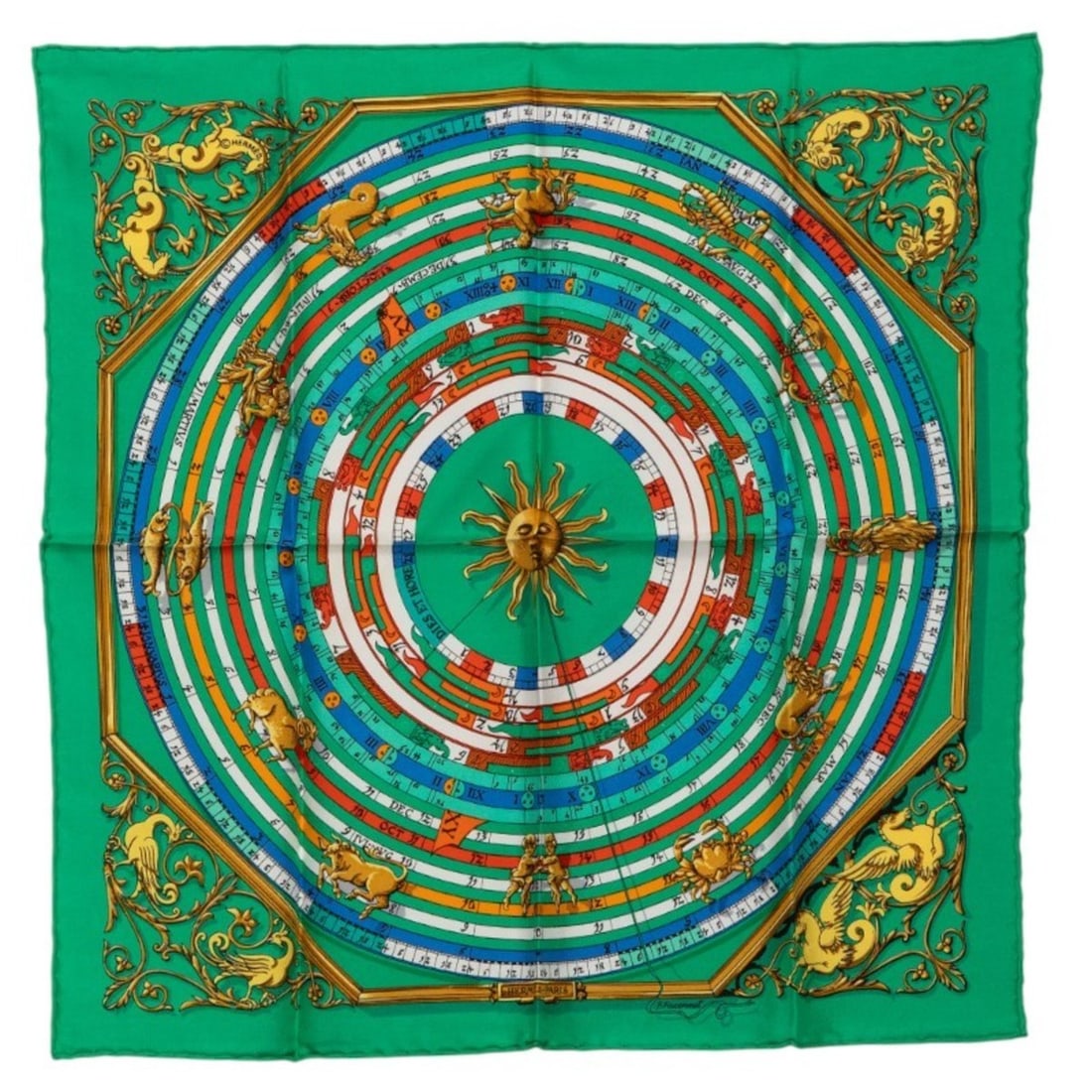 Hermès Carré 45 DIES ET HORE Astrology Scarf Green Multicolor Silk Women's HERMES: --- Catalog ---Category: SizeSize (LxW): 42cm x 42cm / 16.53'' x 16.53''Category: DesignType: ScarfColor: Green, Multi-colorGender: WomenMaterial: Silk Category: GeneralBrand: Hermes--- Item List ---S
