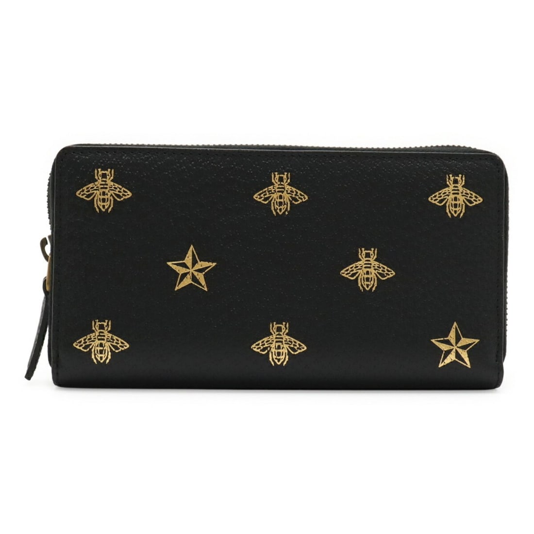 GUCCI BEE STAR Bee & Star Round Long Wallet in Black and Gold Leather (495062): --- Catalog ---Category: SizeSize (HxWxD): 10cm x 19cm / 3.93'' x 7.48''Category: DesignType: Long wallet (bi-fold)Color: BlackGender: Women,MenMaterial: Leather Category: GeneralBrand: Gucci--- Item