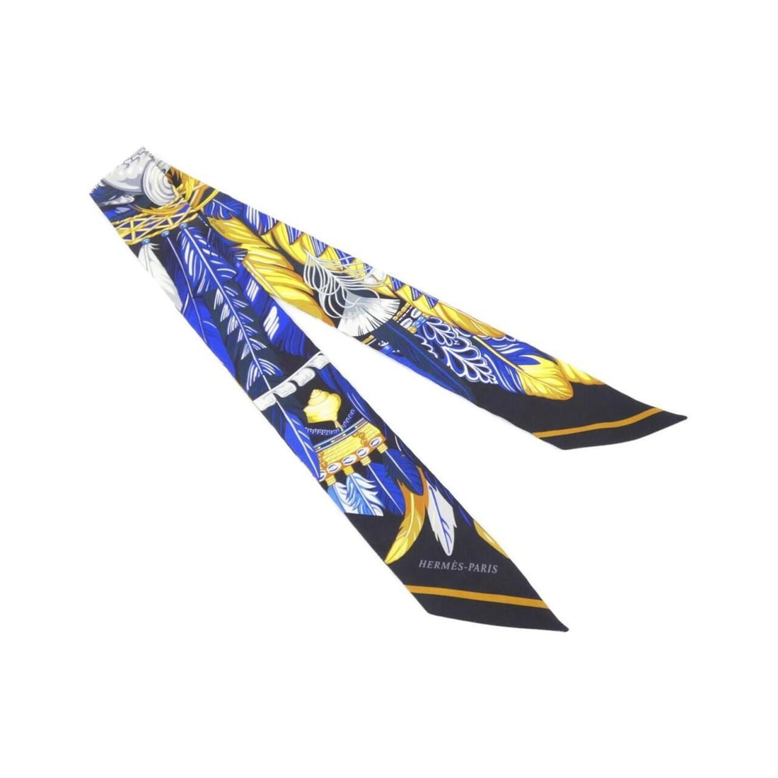 Hermes Hermès Danse Pacifice Twilly Scarf 063572S: --- Catalog ---Category: SizeSize (LxW): 5cm x 86cm / 1.96'' x 33.85''Category: DesignType: ScarfColor: Black, Blue, Multi-color, YellowGender: Women,MenMaterial: Silk Category: GeneralMPN: 063572SLin