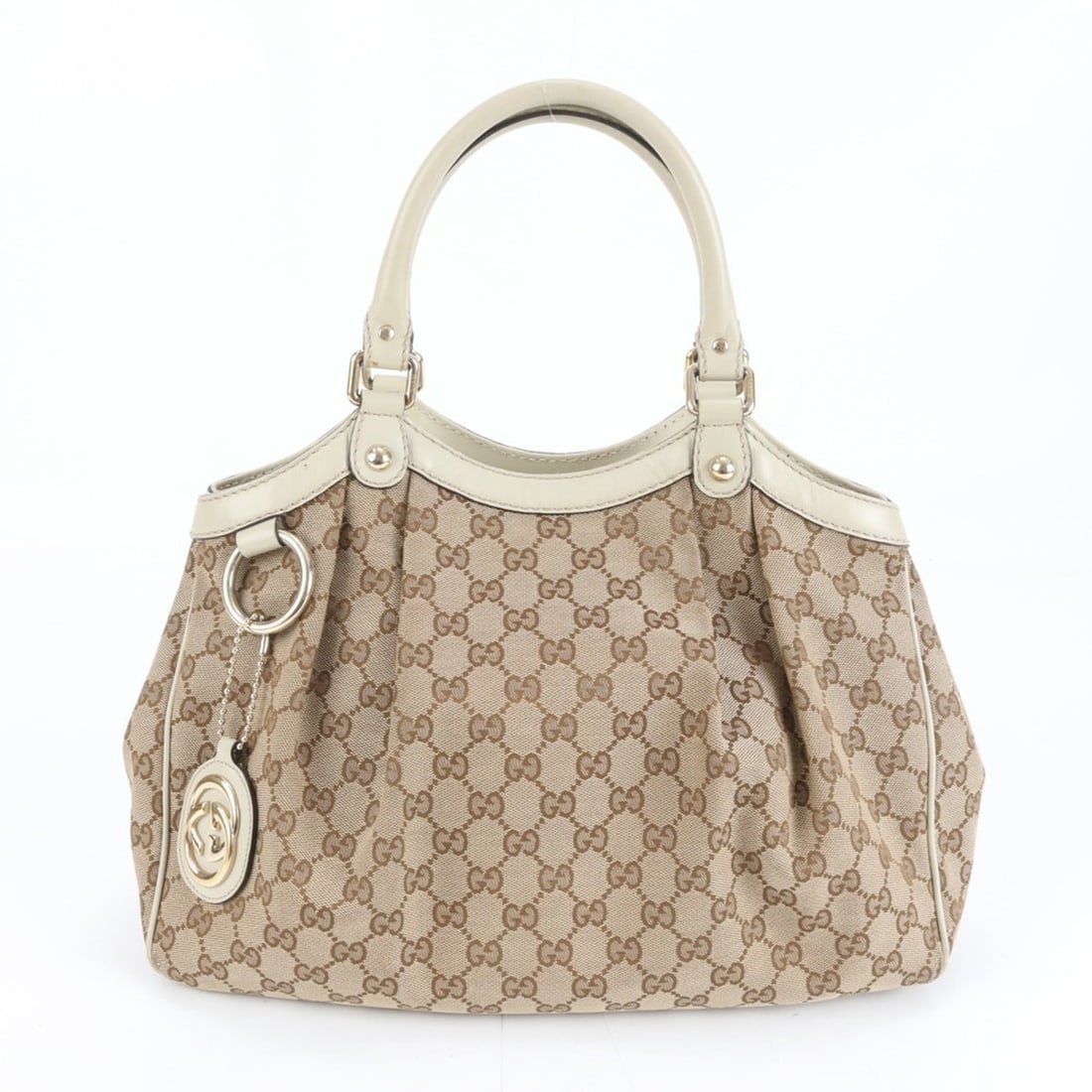 Gucci GG Canvas Sukey 211944 Leather Tote Bag with Gold Hardware, Women's: --- Catalog ---Category: SizeSize (HxWxD): 26cm x 35cm x 15cm / 10.23'' x 13.77'' x 5.9''Handle Length: 37cm / 14.56''Category: DesignType: Tote bagColor: BrownGender: WomenMaterial: Leather , Canvas