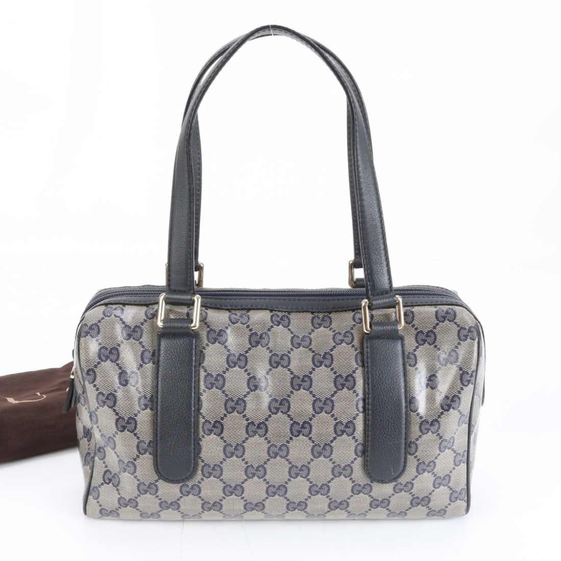 Gucci GG Crystal 257289 Leather Handbag Mini Boston Tote in Navy with Gold Hardware for Women: --- Catalog ---Category: SizeSize (HxWxD): 16cm x 28cm x 10cm / 6.29'' x 11.02'' x 3.93''Handle Length: 47cm / 18.5''Category: DesignType: HandbagColor: NavyGender: WomenMaterial: Leather , Coated can