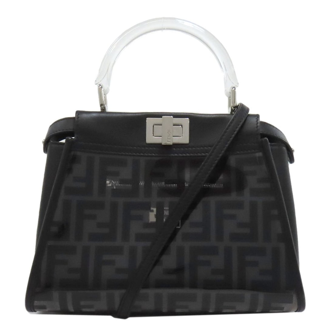 Fendi Peekaboo Mini 2-Way Handbag in Vinyl/Calf Leather for Women: --- Catalog ---Category: SizeSize (HxWxD): 17.5cm x 24cm x 11cm / 6.88'' x 9.44'' x 4.33''Category: DesignType: HandbagColor: Black, ClearGender: WomenMaterial: Vinyl , Leather Leather/Fur Type: Calfs