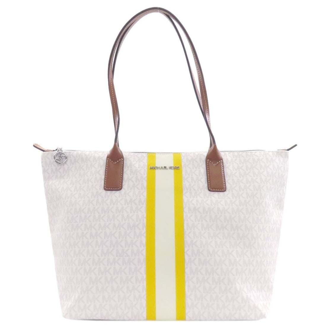 Michael Kors MK Signature Tote Bag PVC Women's: --- Catalog ---Category: SizeSize (HxWxD): 28cm x 30cm x 16cm / 11.02'' x 11.81'' x 6.29''Category: DesignType: Tote bagColor: Brown, White, YellowGender: WomenMaterial: PVC Outer Pocket: Zipper pocke