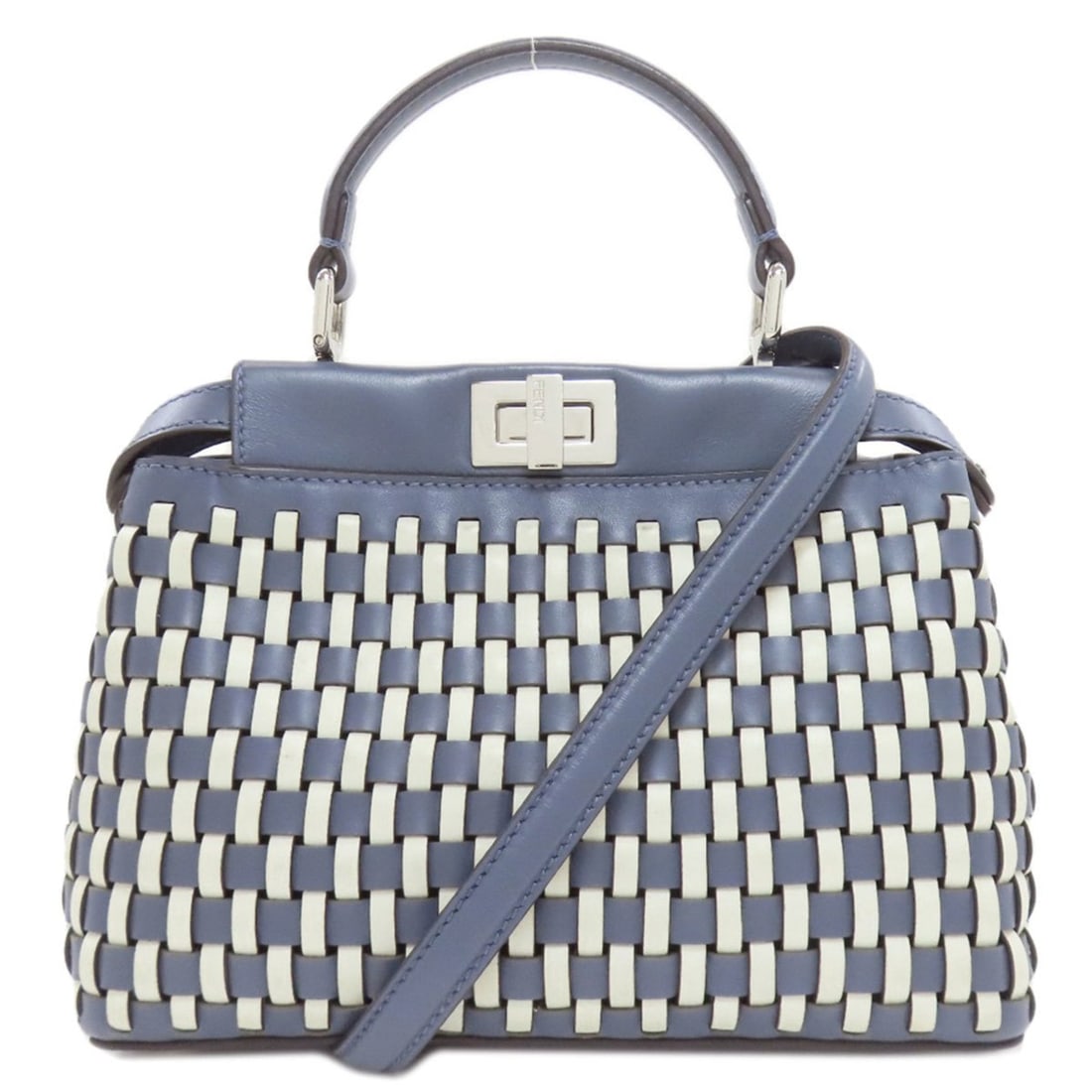 Fendi Peekaboo woven 2-way handbag in calfskin for women: --- Catalog ---Category: SizeSize (HxWxD): 17cm x 21cm x 10cm / 6.69'' x 8.26'' x 3.93''Category: DesignType: HandbagColor: BlueGender: WomenMaterial: Leather Category: GeneralBrand: Fendi--- Item Lis