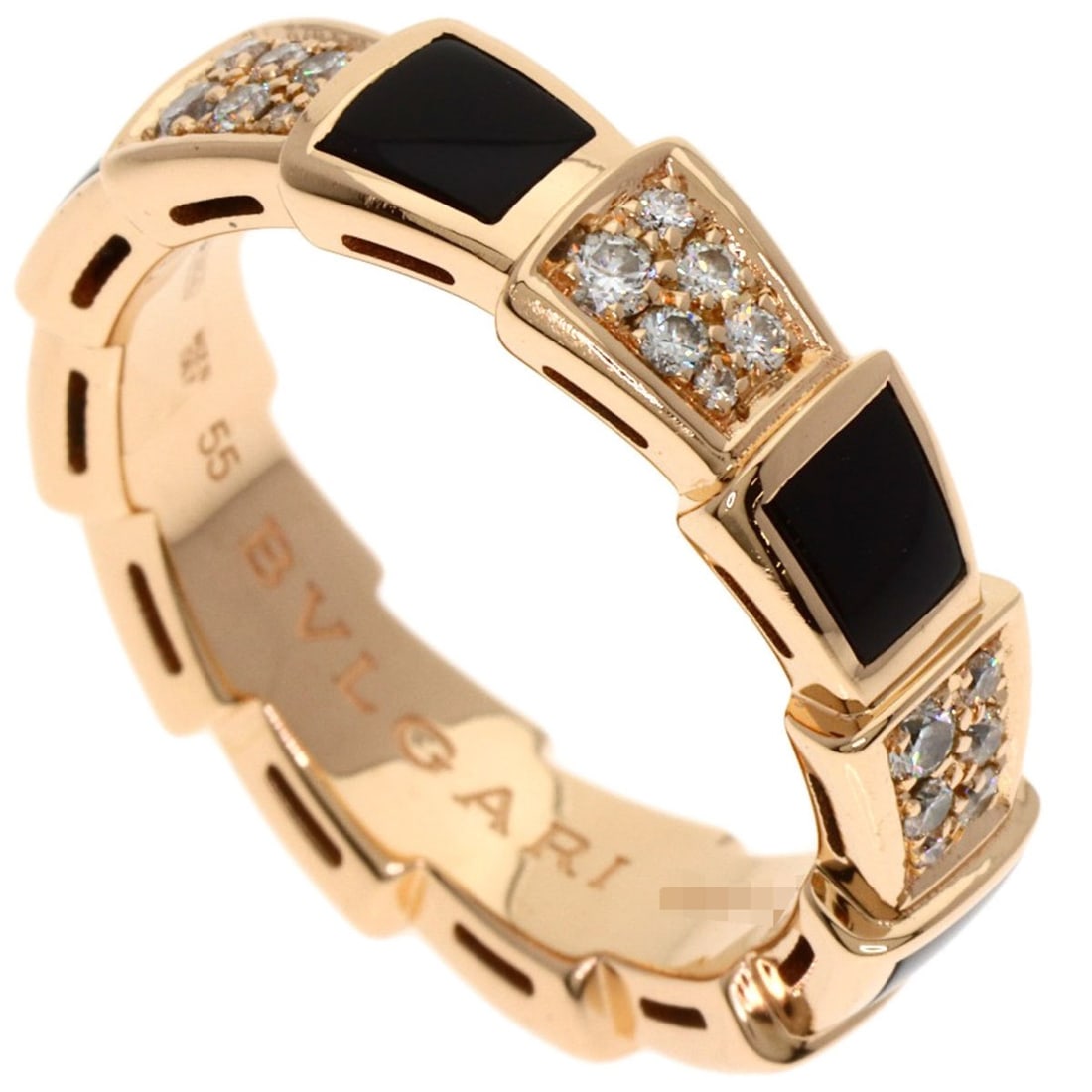 BVLGARI Serpenti Viper Onyx Diamond #55 Ring in 18K Pink Gold for Women: --- Catalog ---Category: SizeJP Size: 15US Size: 7.5Category: DesignType: Band ringStone: Diamond, OnyxGender: WomenMaterial: Pink gold (18K)Category: GeneralBrand: Bvlgari--- Item List ---Section: Co