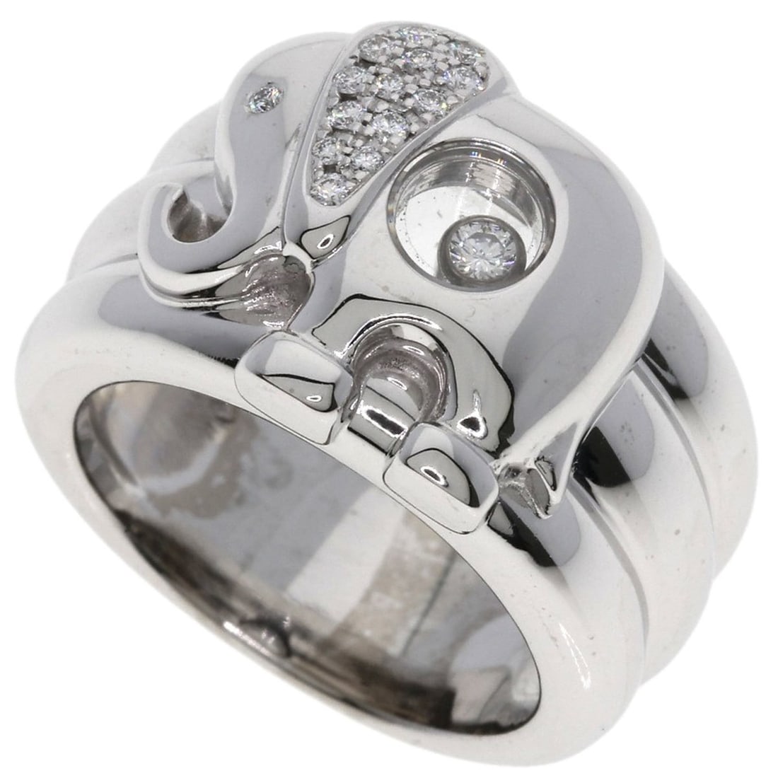 Chopard Happy Diamonds Elephant Motif #11 Ring in 18K White Gold for Women: --- Catalog ---Category: SizeJP Size: 11US Size: 6Category: DesignType: Band ringStone: DiamondGender: WomenMaterial: White gold (18K)Category: GeneralBrand: Chopard--- Item List ---Section: Condition