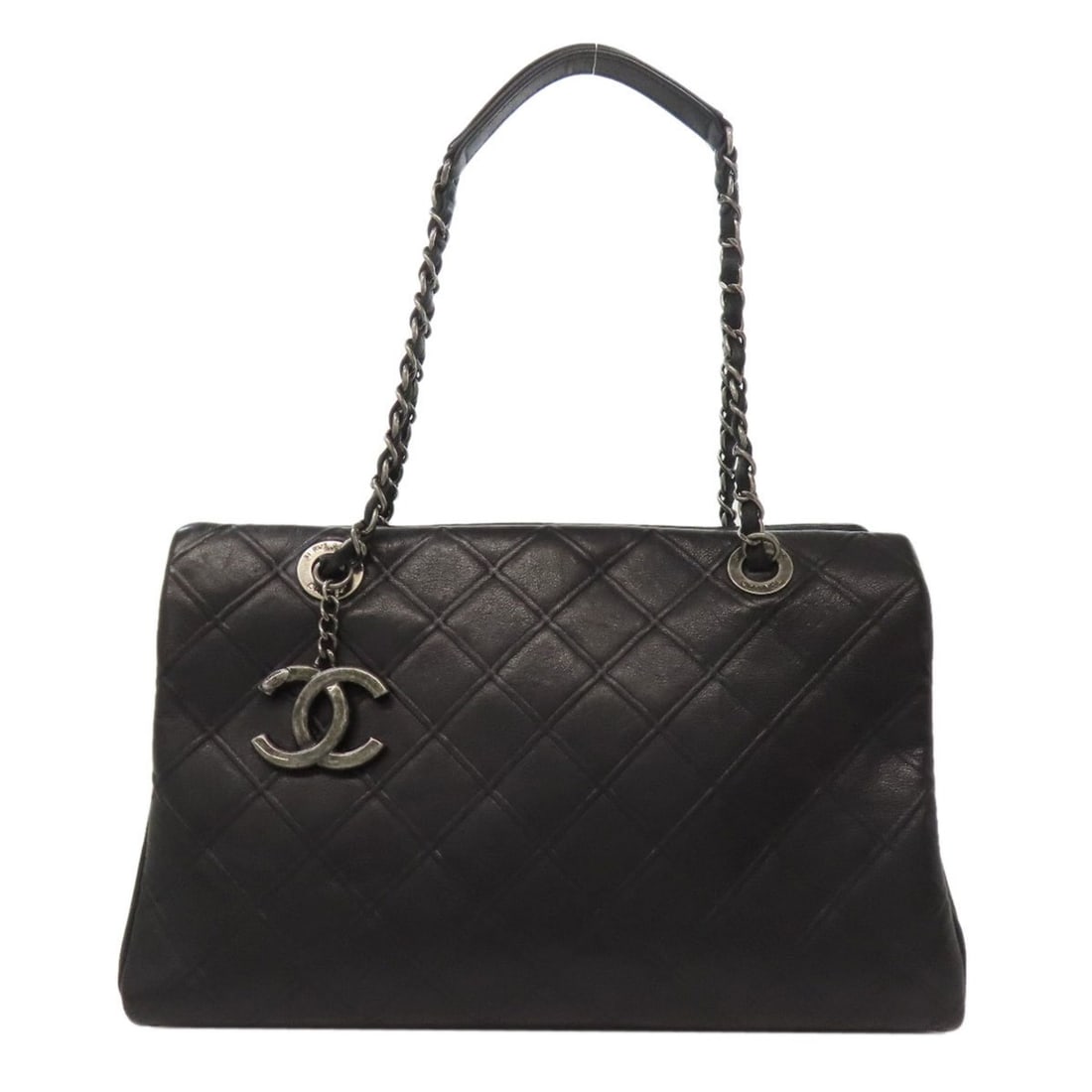 Chanel Chain Shoulder Bag with Coco Mark and Silver Hardware, Calfskin Leather, Women's, CHANEL: --- Catalog ---Category: SizeSize (HxWxD): 19cm x 29cm x 14cm / 7.48'' x 11.41'' x 5.51''Handle Length: 50cm / 19.68''Category: DesignType: HandbagColor: BlackGender: WomenClosure: ZipperMaterial: Lea