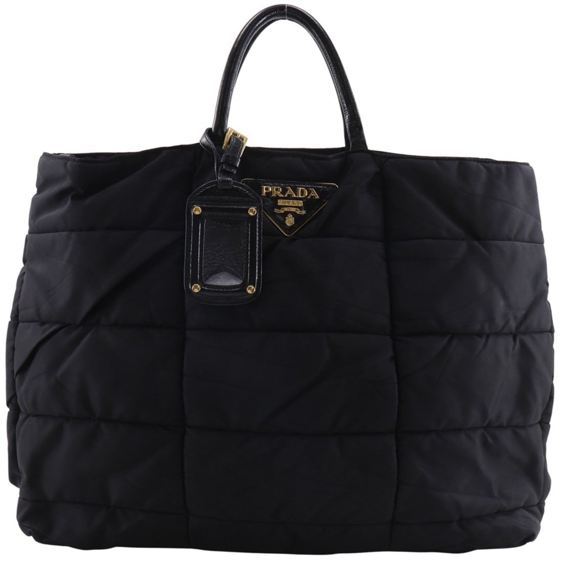 PRADA Quilted Tote Handbag Nylon Black A4 Snap Button Women's: --- Catalog ---Category: SizeSize (HxWxD): 29cm x 39cm x 16cm / 11.41'' x 15.35'' x 6.29''Category: DesignType: Handbag, Tote bagColor: BlackGender: WomenMaterial: Nylon Category: GeneralBrand: Prada-