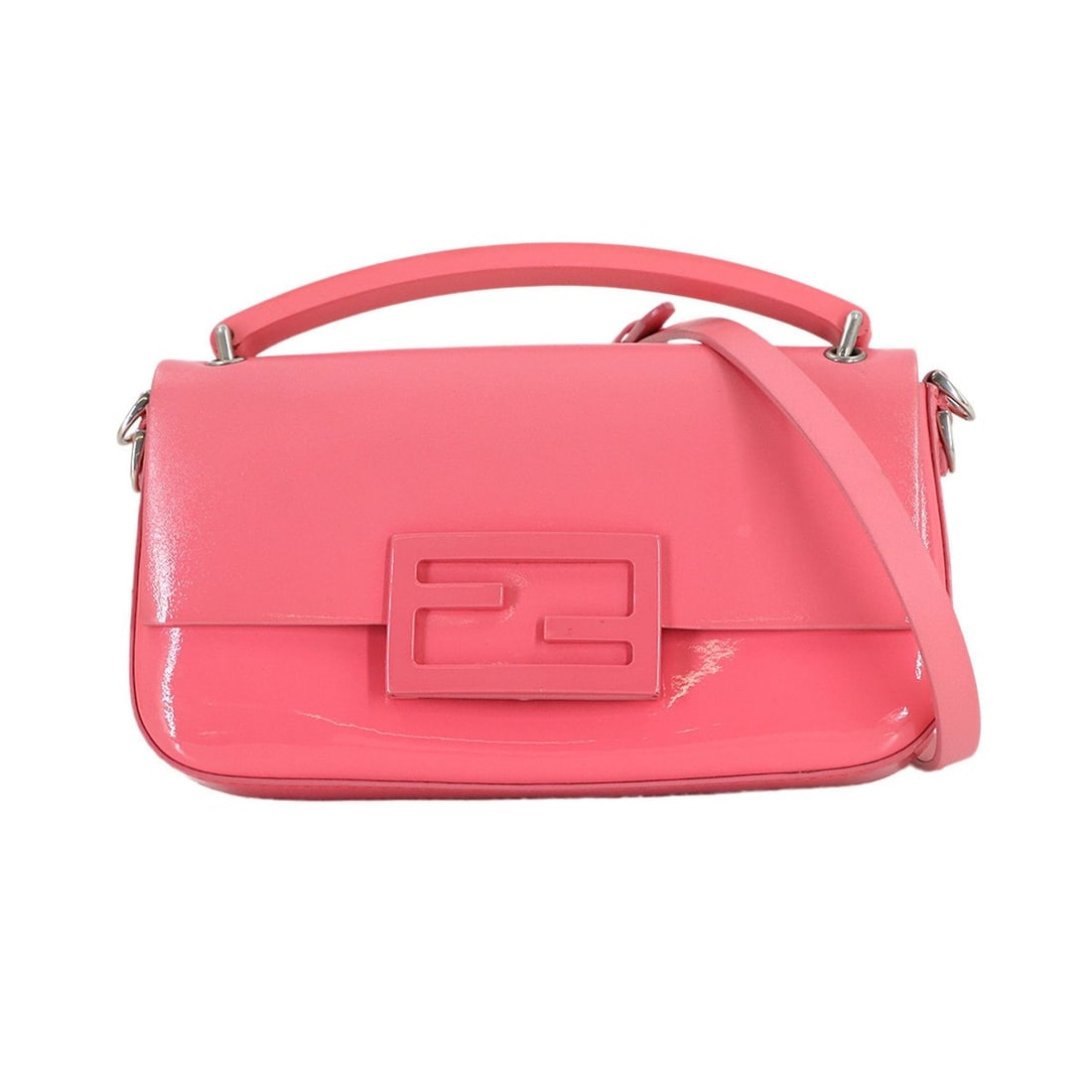 FENDI Mini Baguette Phone Pouch, 2-way hand/shoulder bag in pink enamel leather with silver hardware: --- Catalog ---Category: SizeSize (HxWxD): 10.5cm x 18cm x 2.5cm / 4.13'' x 7.08'' x 0.98''Category: DesignType: Shoulder bagColor: PinkGender: WomenMaterial: Leather Category: GeneralMPN: 7AS142Brand