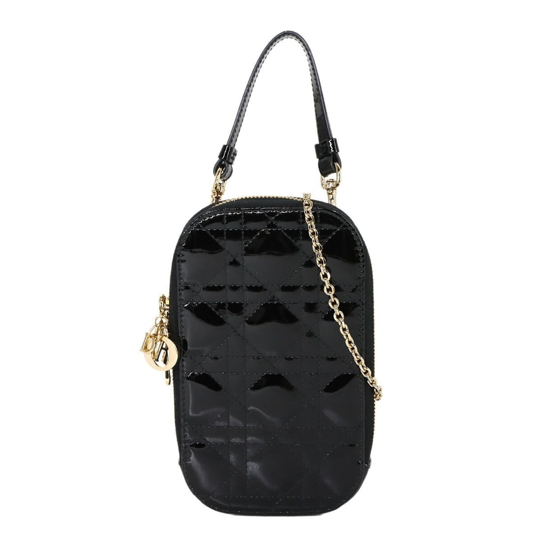 Christian Dior Lady Phone Holder 2-Way Hand/Shoulder Bag, Enamel, Black, S0872ONMJ: --- Catalog ---Category: SizeSize (HxWxD): 18cm x 10.5cm x 2.5cm / 7.08'' x 4.13'' x 0.98''Category: DesignType: Shoulder bagColor: BlackGender: WomenMaterial: Leather Leather/Fur Type: Enamel Leather