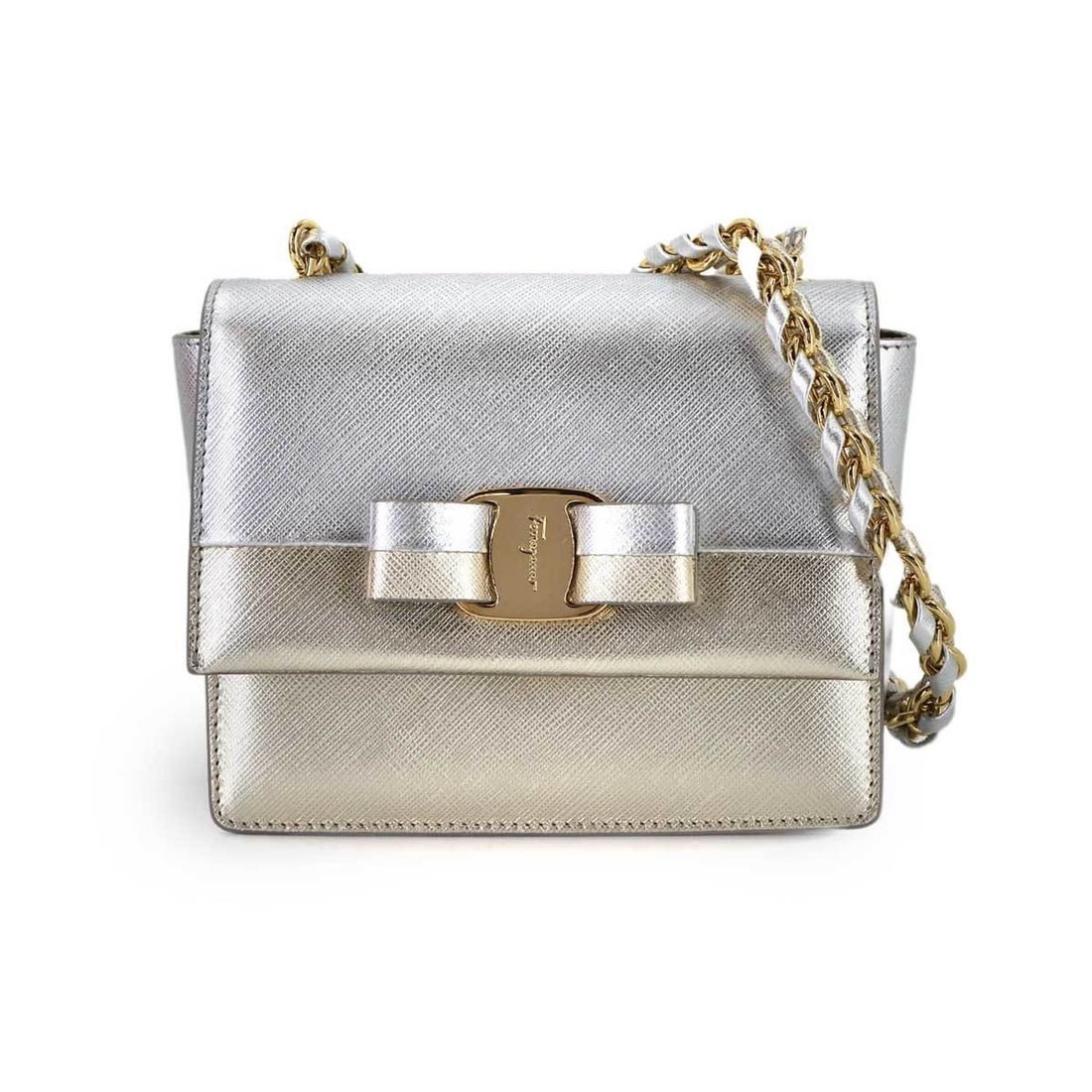 Salvatore Ferragamo Vara Ribbon Chain Shoulder Bag in Metallic Leather, Silver, and Gold: --- Catalog ---Category: SizeSize (HxWxD): 12cm x 14.5cm x 5cm / 4.72'' x 5.7'' x 1.96''Category: DesignType: Shoulder bagColor: Metallic gold, Metallic silverGender: WomenMaterial: Leather Category: