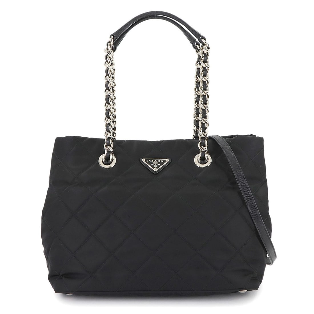 Prada 2-way Tote Shoulder Bag in Nylon, Saffiano Leather, and Nero with Silver Hardware, 1BG740: --- Catalog ---Category: SizeSize (HxWxD): 22cm x 28.5cm x 17cm / 8.66'' x 11.22'' x 6.69''Category: DesignType: Shoulder bag, Tote bagColor: Black, NeroGender: WomenMaterial: Nylon , Saffiano triangl