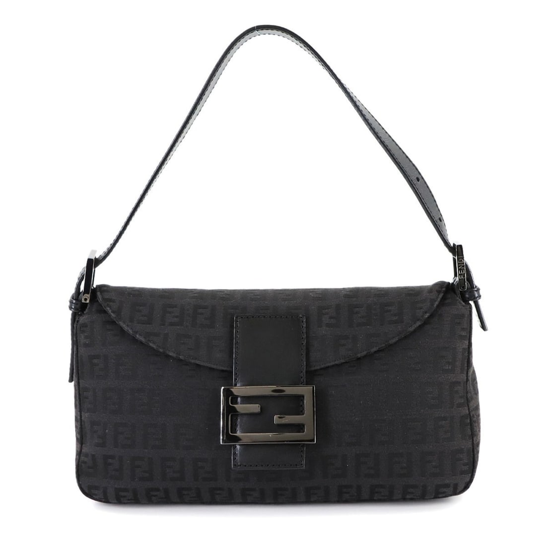 Fendi Zucchino Mamma Baguette Shoulder Bag in Black Canvas and Leather with Silver Hardware (8BR003): --- Catalog ---Category: SizeSize (HxWxD): 15.5cm x 26cm x 8.5cm / 6.1'' x 10.23'' x 3.34''Category: DesignType: Baguette bag, Shoulder bagColor: BlackGender: WomenMaterial: Canvas , Leather Category: