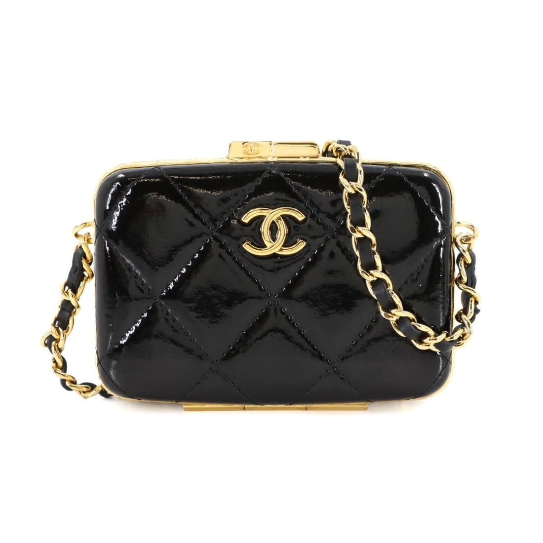 CHANEL Matelasse Chain Shoulder Business Card Case, Black Enamel, Gold Hardware, AP2242: --- Catalog ---Category: DesignType: Card caseColor: BlackGender: WomenMaterial: Leather Leather/Fur Type: Enamel LeatherCategory: GeneralMPN: AP2242Brand: ChanelCategory: Physical PropertiesSize (HxW