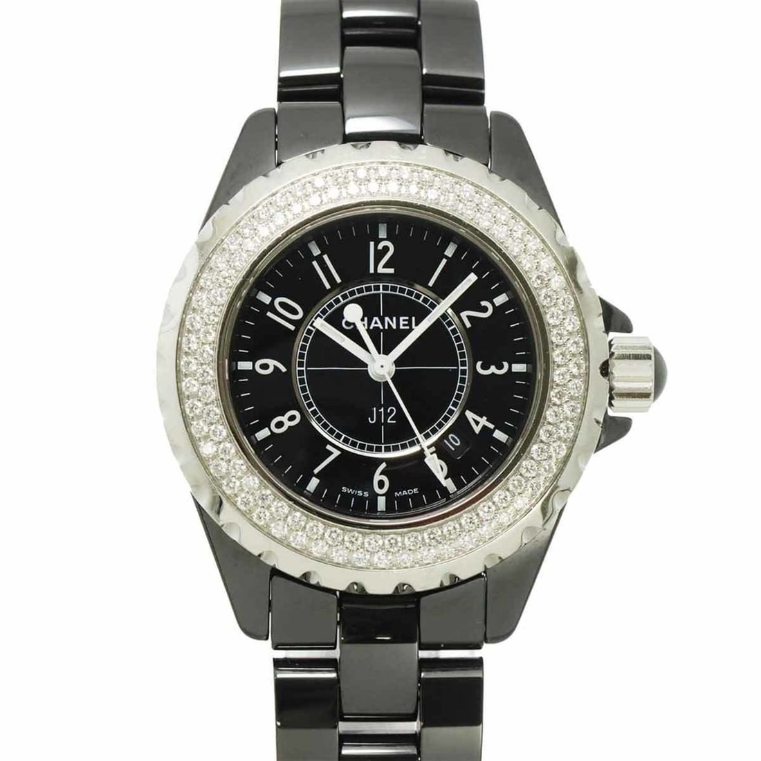 CHANEL J12 33mm H0949 Women's Watch with Genuine Diamond Bezel, Black Ceramic, Date, Quartz Movement: --- Catalog ---Category: SizeWrist Size: 13cm / 5.11''Case Diameter: 34mm / 1.34''Category: DesignType: WristwatchGender: WomenColor (Dial): BlackMaterial (Band): Ceramic, Stainless steelMaterial (Cas