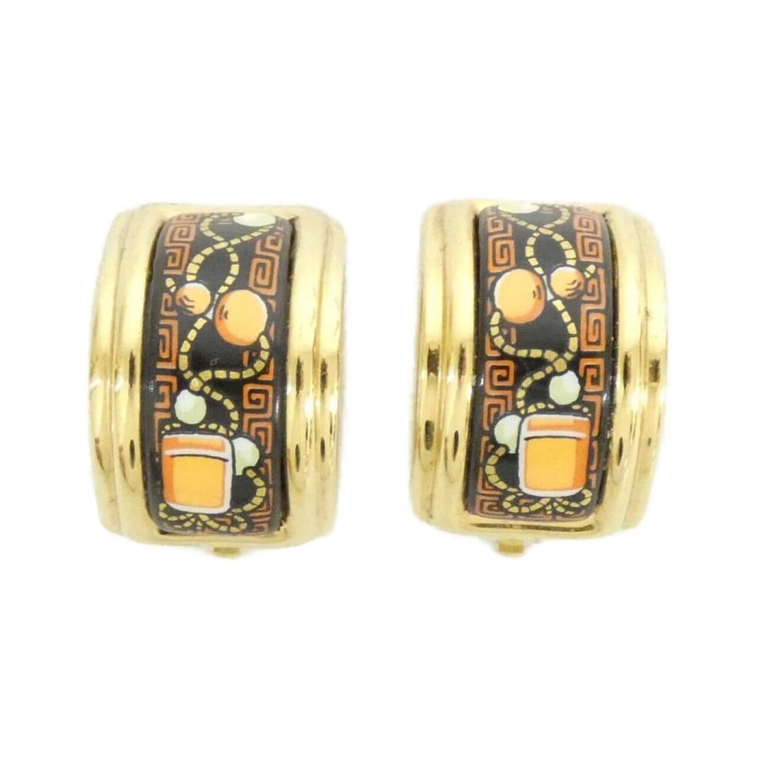 Hermes Earrings: --- Catalog ---Category: SizeSize (HxWxD): 20.00mm x 19.00mm / 0.79'' x 0.75''Category: DesignType: Clip earringsColor: Black, Gold, OrangeGender: WomenCategory: GeneralBrand: Hermes--- Item List ---S