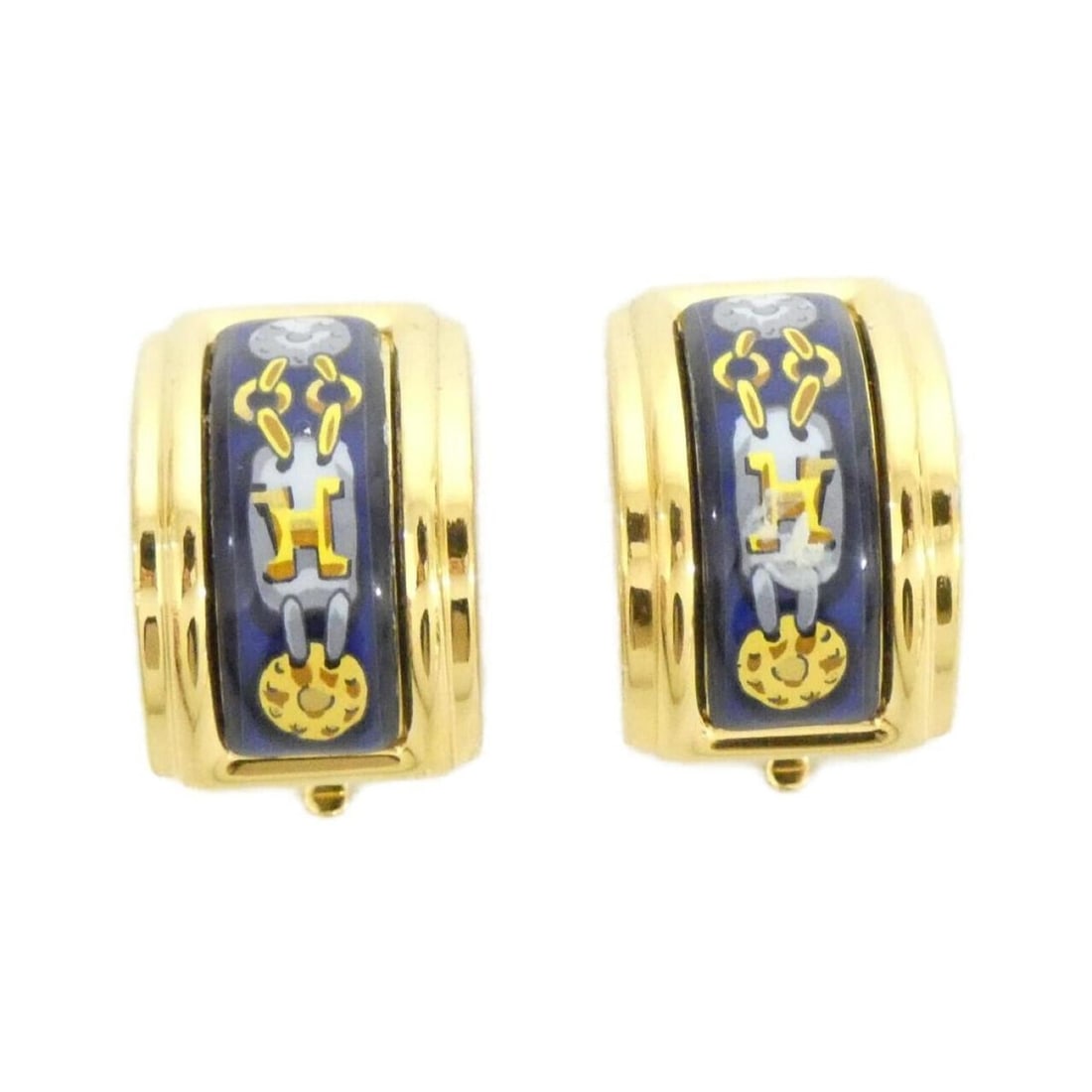 Hermes Earrings: --- Catalog ---Category: SizeSize (HxWxD): 20.00mm x 19.00mm / 0.79'' x 0.75''Category: DesignType: Clip earringsColor: Blue, GoldGender: WomenMaterial: PalladiumCategory: GeneralBrand: Hermes--- Item