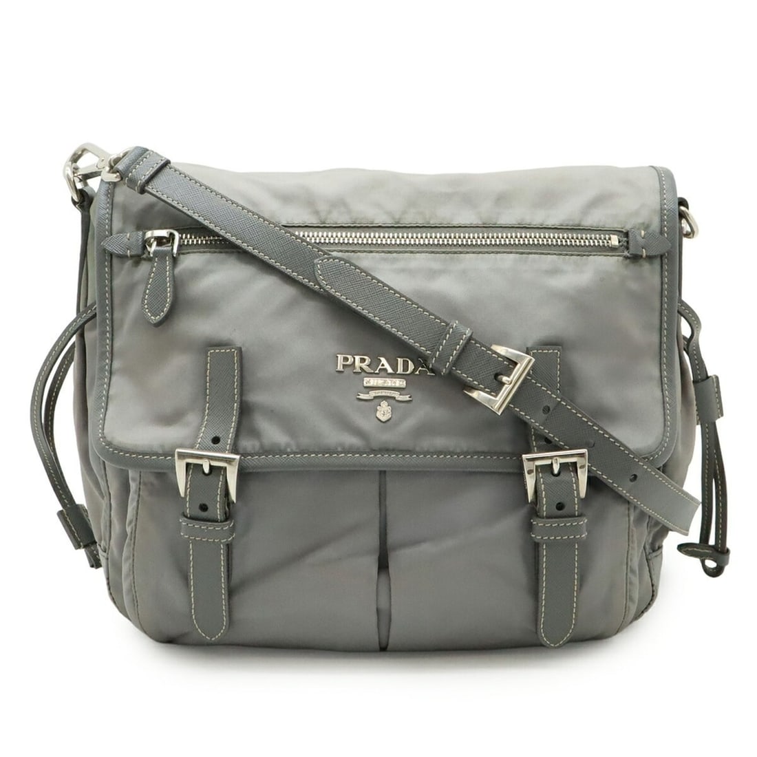 PRADA Prada Shoulder Bag, Nylon and Leather, Gray, BT0687: --- Catalog ---Category: SizeSize (HxWxD): 25.5cm x 26.5cm x 11cm / 10.03'' x 10.43'' x 4.33''Category: DesignType: Shoulder bagColor: GrayGender: WomenMaterial: Nylon , Leather Category: GeneralBrand