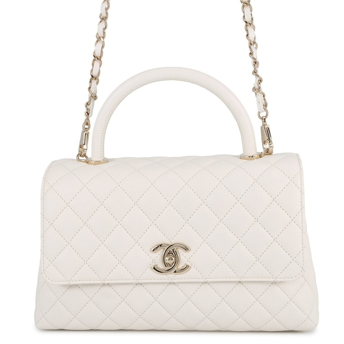 Chanel Matelasse Coco Mark Flap Handbag in Caviar Leather, A92991, 2-Way, White: --- Catalog ---Category: SizeSize (HxWxD): 17cm x 29cm x 12cm / 6.69'' x 11.41'' x 4.72''Category: DesignType: HandbagColor: WhiteGender: WomenMaterial: Grained Calfskin Category: GeneralMPN: A92991Br