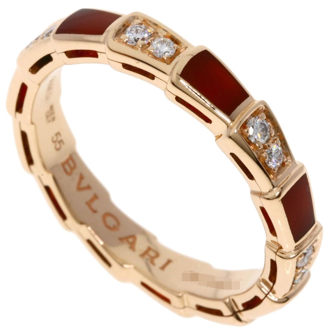 BVLGARI Serpenti Viper Carnelian and Diamond #55 Ring in 18K Pink Gold for Women: --- Catalog ---Category: SizeJP Size: 15US Size: 7.5Category: DesignType: Band ringStone: Carnelian, DiamondGender: WomenMaterial: Pink gold (18K)Category: GeneralBrand: Bvlgari--- Item List ---Sectio