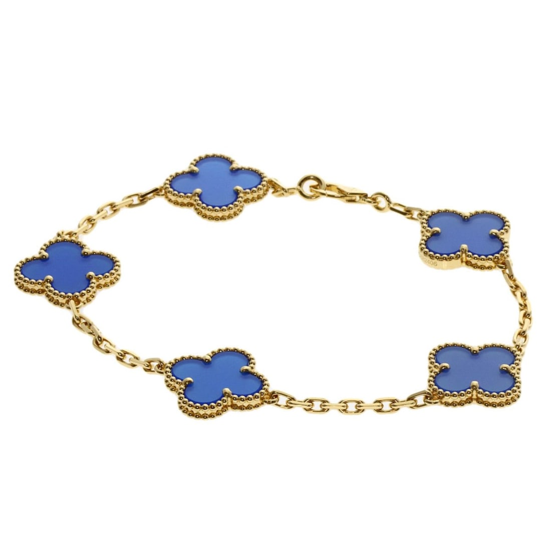 Van Cleef & Arpels Vintage Alhambra 5-Piece Agate Bracelet in 18K Yellow Gold for Women.: --- Catalog ---Category: SizeLength: 17.5cm / 6.88''Category: DesignType: Charm braceletGender: WomenMaterial: Yellow gold (18K)Category: GeneralBrand: Van Cleef & Arpels--- Item List ---Section: Cond