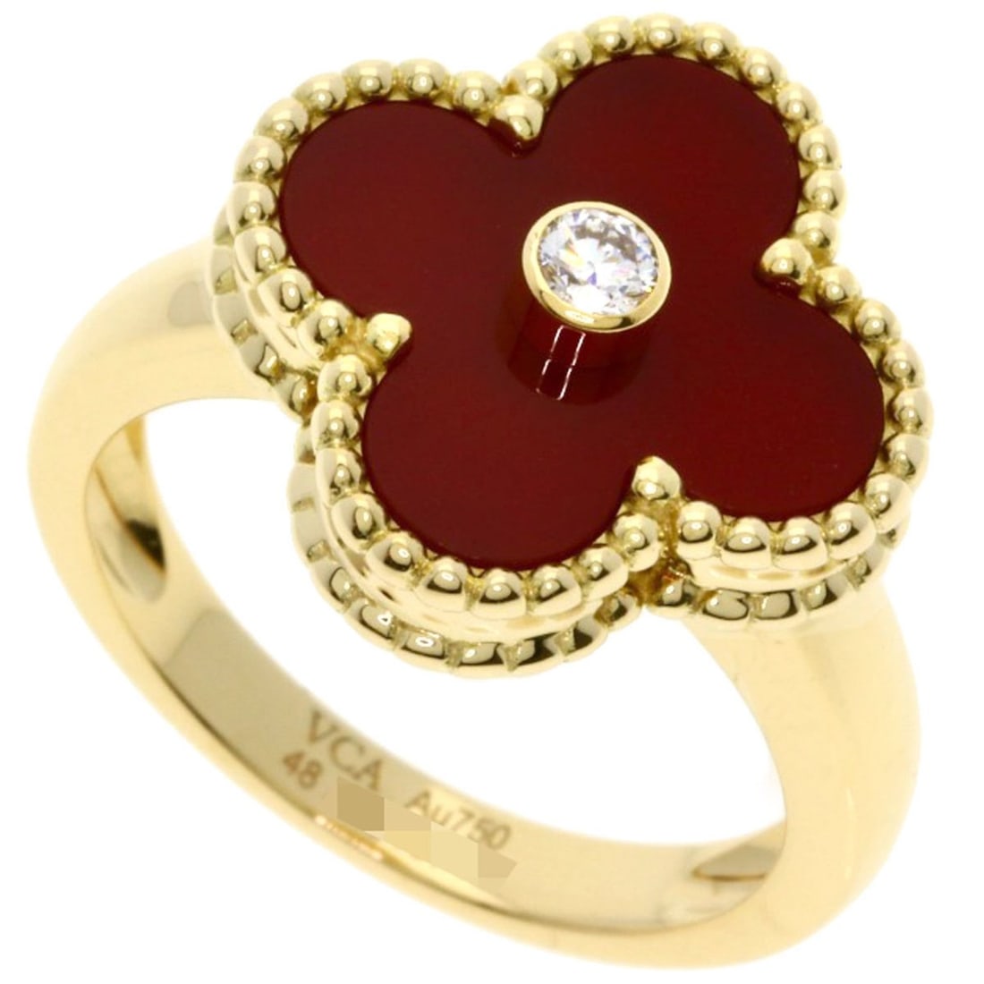 Van Cleef & Arpels Vintage Alhambra Carnelian and Diamond Ring #48 in 18K Yellow Gold for Women.: --- Catalog ---Category: SizeJP Size: 8US Size: 4.5Category: DesignType: Band ringStone: Carnelian, DiamondGender: WomenMaterial: Yellow gold (18K)Category: GeneralBrand: Van Cleef & Arpels--- Item Li
