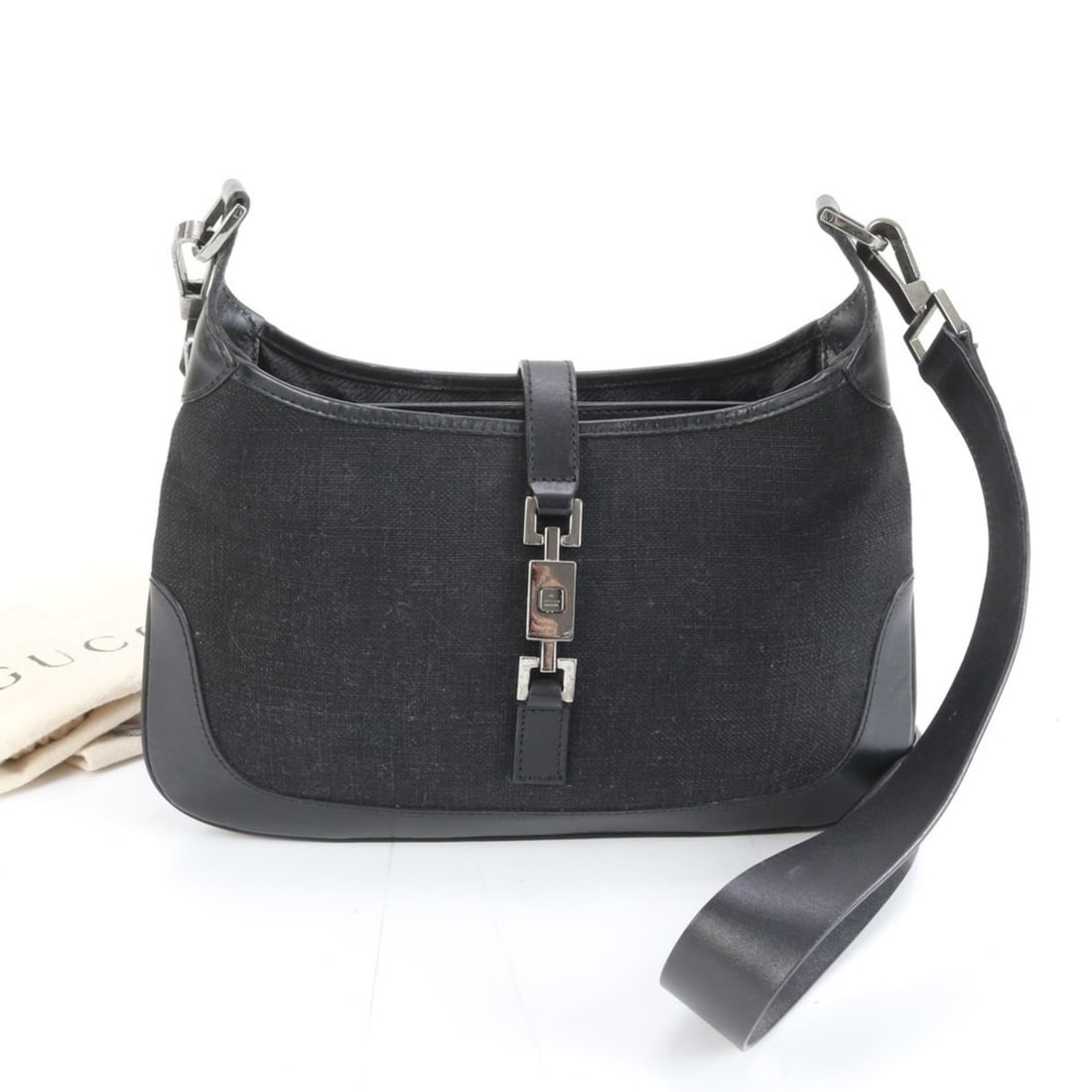 Gucci Jackie 001 4264 Leather Shoulder Bag/Crossbody Bag in Black for Women: --- Catalog ---Category: SizeSize (HxWxD): 16cm x 27cm x 3cm / 6.29'' x 10.62'' x 1.18''Category: DesignType: Shoulder bagColor: BlackGender: WomenMaterial: Leather , Canvas Category: GeneralMPN: 001