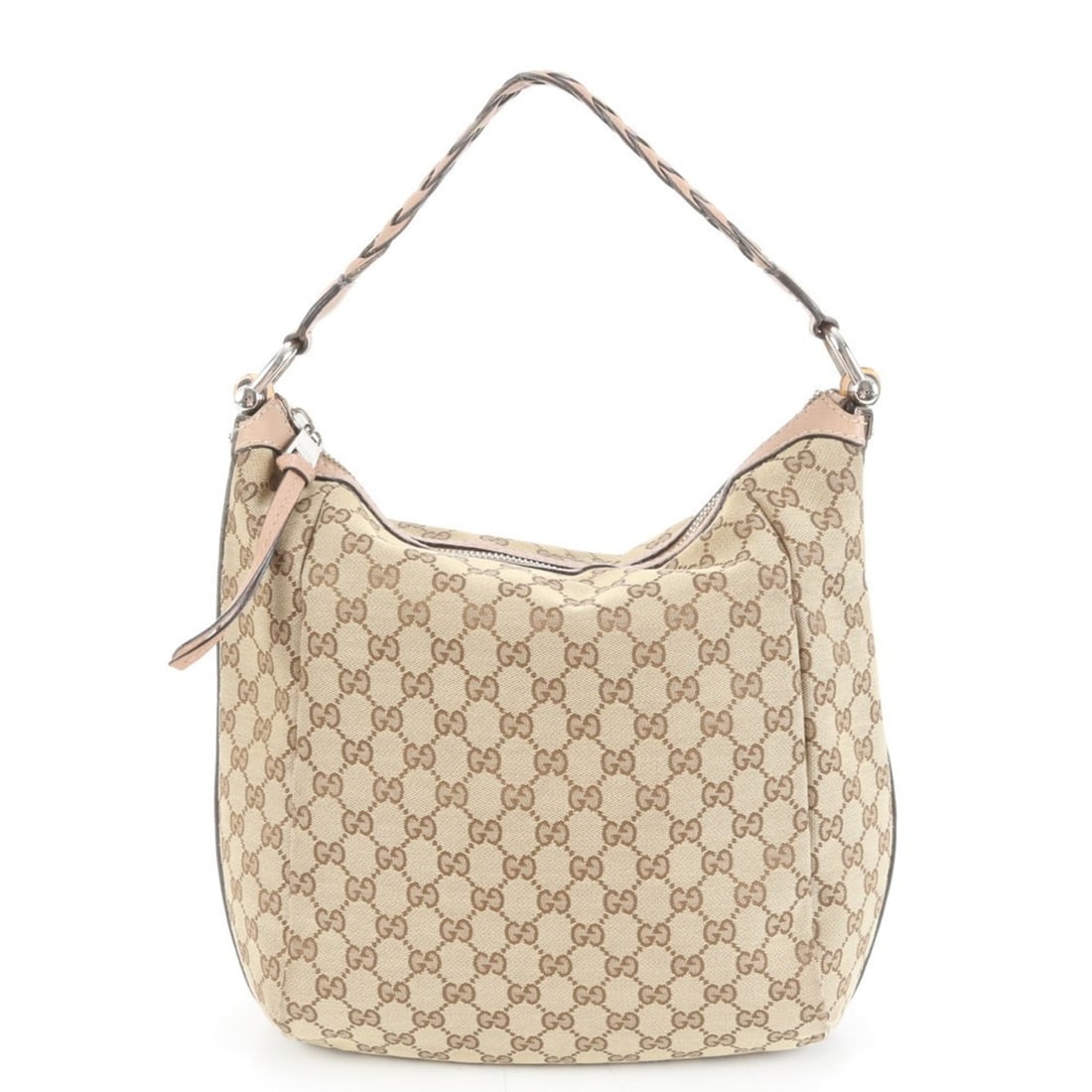 Gucci GG Canvas Bamboo Leather Shoulder Bag (257090) One-Shoulder Tote for Women: --- Catalog ---Category: SizeSize (HxWxD): 30cm x 27cm x 18cm / 11.81'' x 10.62'' x 7.08''Category: DesignType: Shoulder bagColor: Brown, PinkGender: WomenMaterial: Leather , Canvas Category: GeneralM