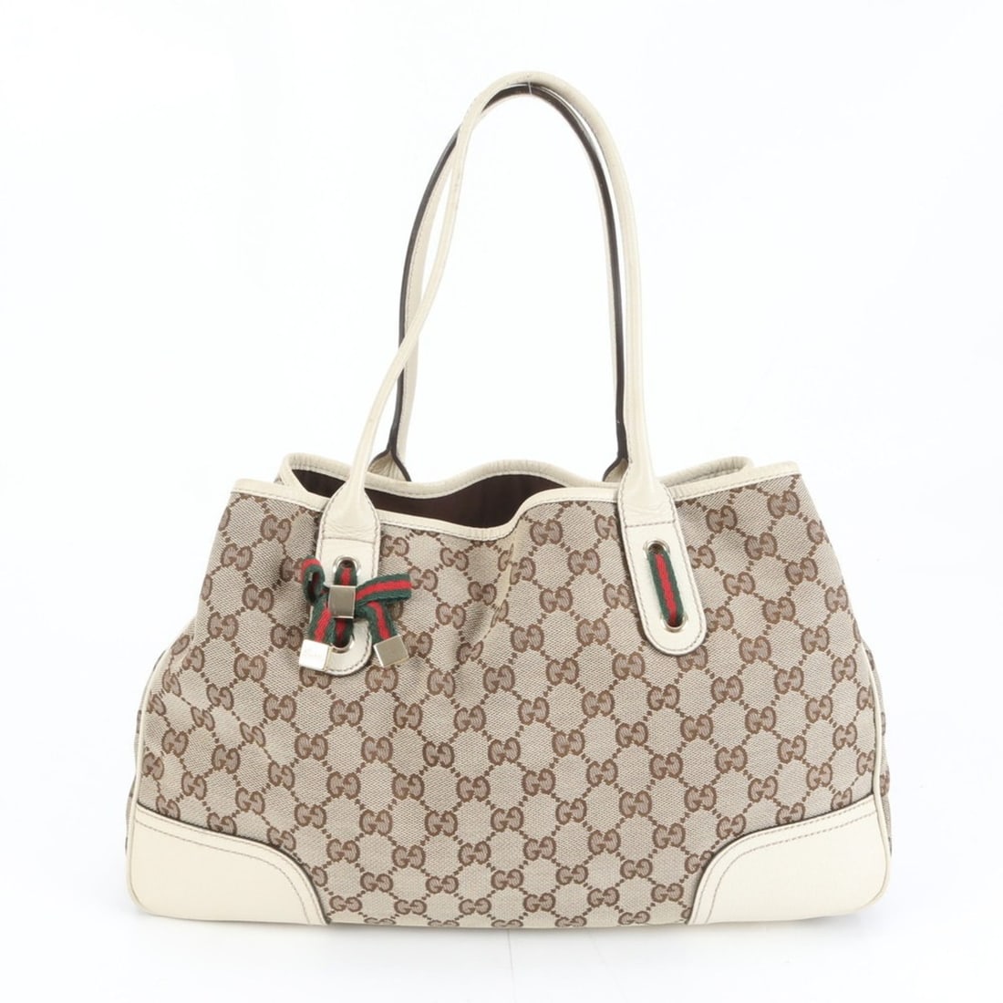 Gucci GG Canvas Princess Sherry Ribbon Leather Tote Bag (163805) Women's: --- Catalog ---Category: SizeSize (HxWxD): 23cm x 38cm x 11cm / 9.05'' x 14.96'' x 4.33''Category: DesignType: Tote bagColor: BrownGender: WomenMaterial: Leather , Canvas Category: GeneralMPN: 163805B
