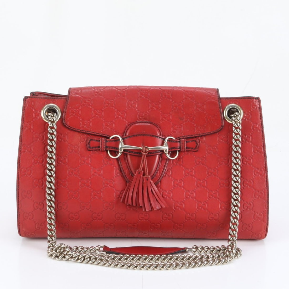 Gucci Guccissima Emily Chain 295403 Leather Shoulder Bag for Women: --- Catalog ---Category: SizeSize (HxWxD): 23cm x 36cm x 10cm / 9.05'' x 14.17'' x 3.93''Strap Length: 130cm / 51.18''Handle Length: 75cm / 29.52''Category: DesignType: Shoulder bagColor: Red colorGen