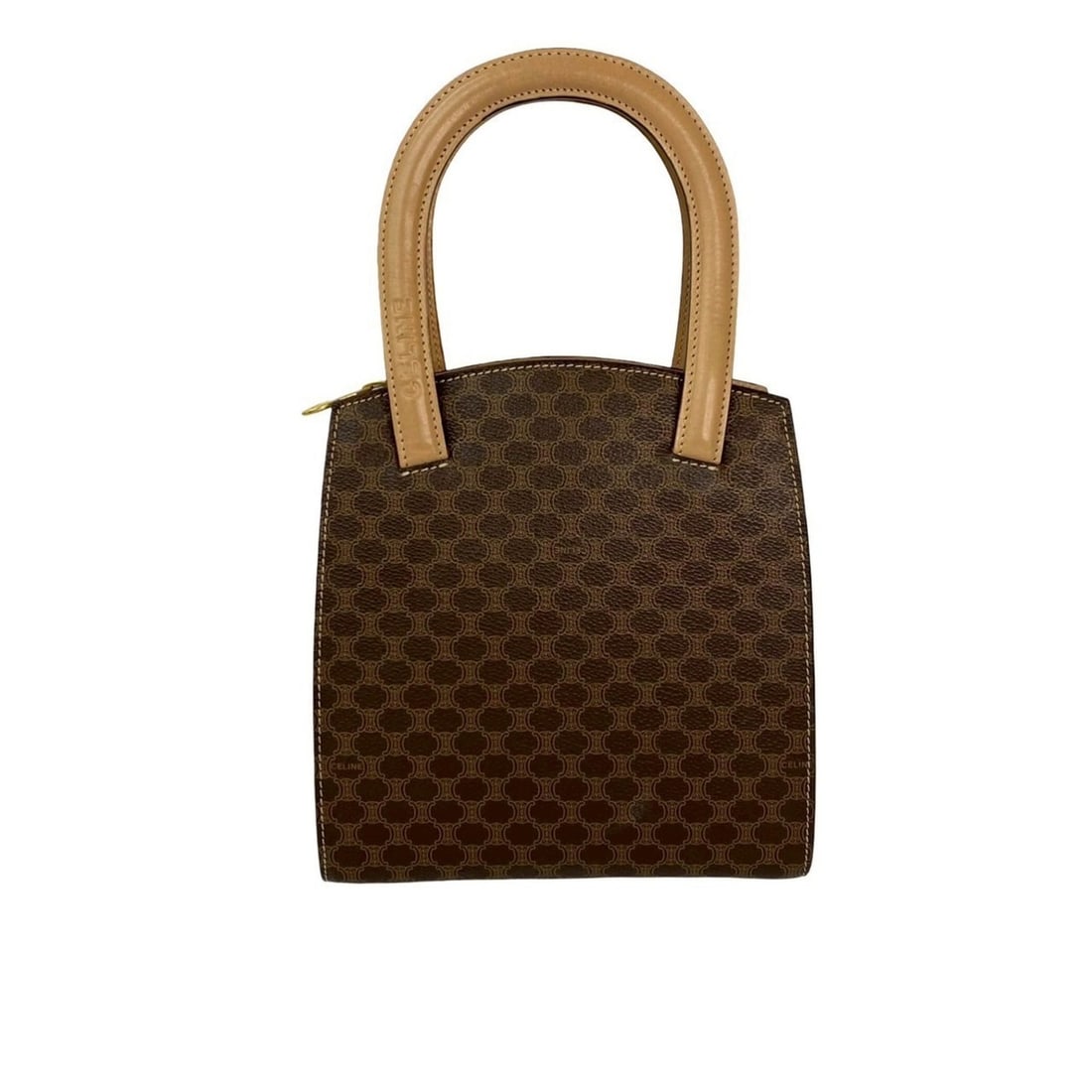 CELINE Macadam Blason Triomphe Leather Handbag/Mini Tote Bag, Brown, 46499: --- Catalog ---Category: SizeSize (HxWxD): 22cm x 20cm x 10.5cm / 8.66'' x 7.87'' x 4.13''Category: DesignType: Handbag, Tote bagColor: BrownGender: WomenMaterial: Leather , PVC Category: GeneralBrand