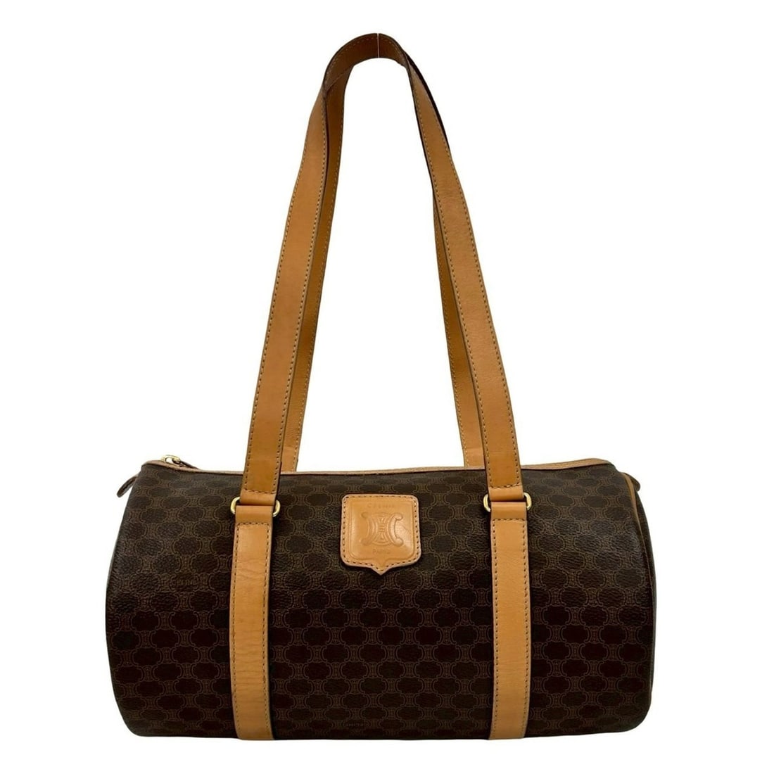 CELINE Macadam Logo Blason Leather Handbag/Mini Boston Bag Brown 232-9: --- Catalog ---Category: SizeSize (HxWxD): 15cm x 28cm x 12cm / 5.9'' x 11.02'' x 4.72''Category: DesignType: Boston bag, HandbagColor: BrownGender: WomenMaterial: Leather , PVC Category: GeneralBrand