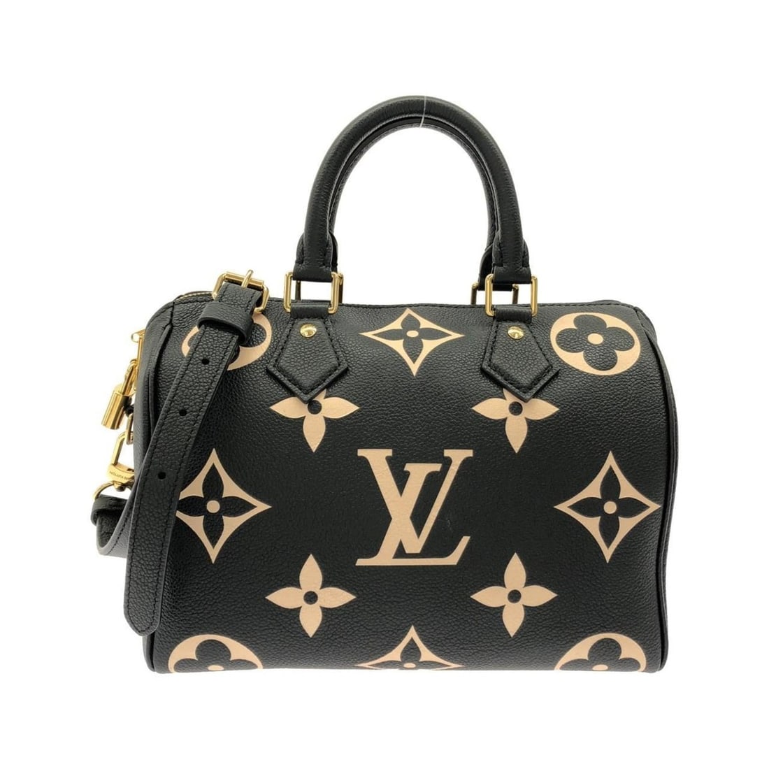 Louis Vuitton Two-Tone Monogram Empreinte Speedy Bandouliere 25cm Boston Bag M58947: --- Catalog ---Category: SizeSize (HxWxD): 21cm x 26cm x 14cm / 8.26'' x 10.23'' x 5.51''Category: DesignType: Boston bagColor: Beige, BlackGender: Women,MenMaterial: Leather Leather/Fur Type: Calfski