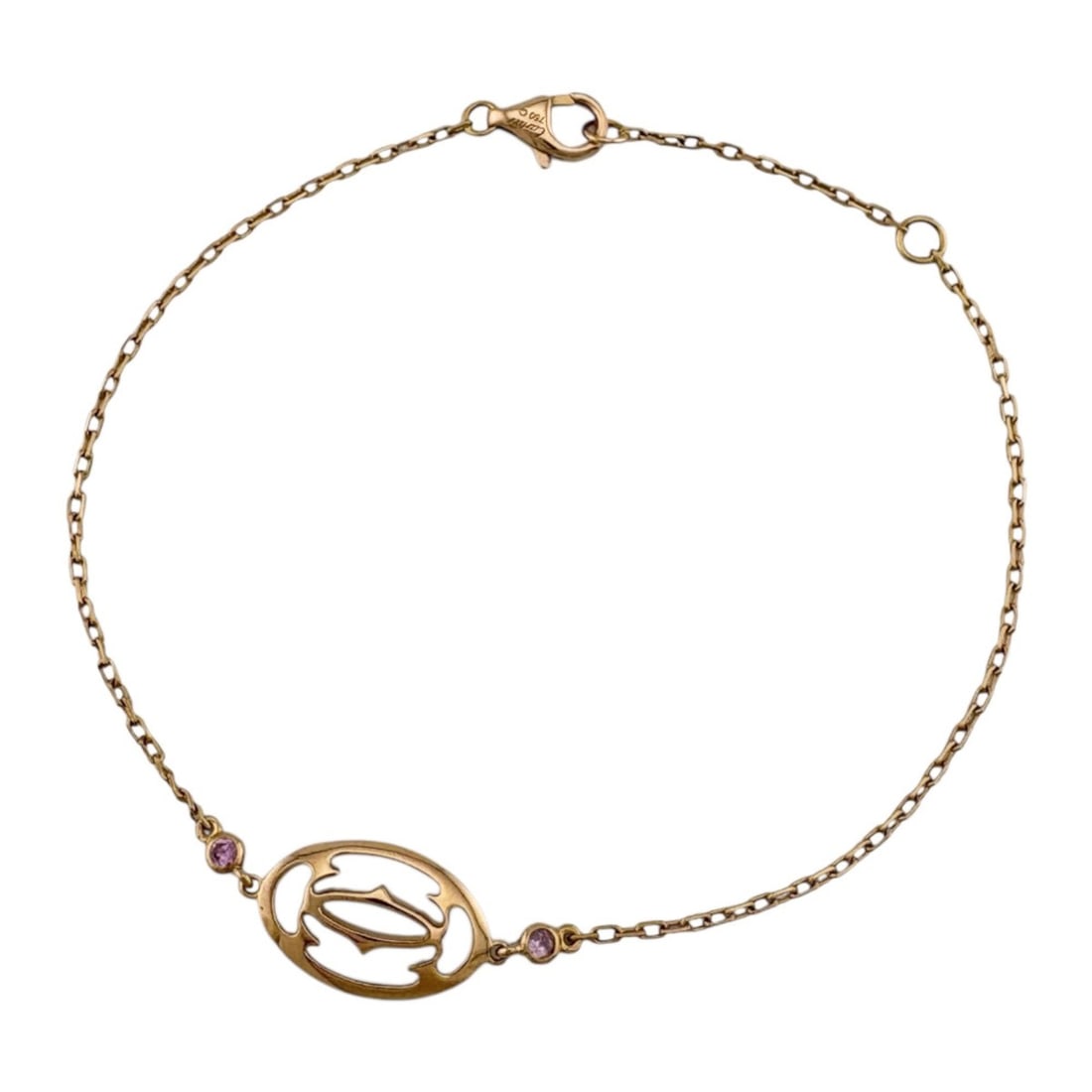 Cartier Double Bracelet, 18k Gold with Pink Sapphire, Women's, Pre-owned: --- Catalog ---Category: PackNumber in Pack: 1Category: SizeLength: 19cm / 7.48''Weight: 2.8g / 0.09oz.Category: DesignType: Charm braceletColor: PinkMetal: GoldStone: SapphireGender: WomenMetal Purit
