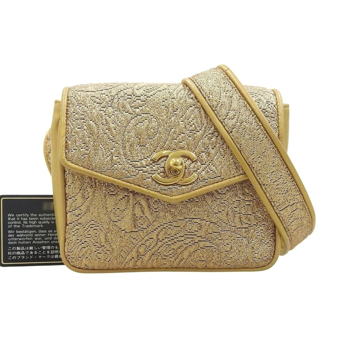 CHANEL Coco Mark Nishijin-ori Waist Pouch, Gold, Japan Exclusive: --- Catalog ---Category: SizeSize (HxWxD): 13cm x 15cm x 4cm / 5.11'' x 5.9'' x 1.57''Category: DesignType: Fanny packColor: GoldGender: WomenMaterial: Leather Leather/Fur Type: LambskinCategory: Gene