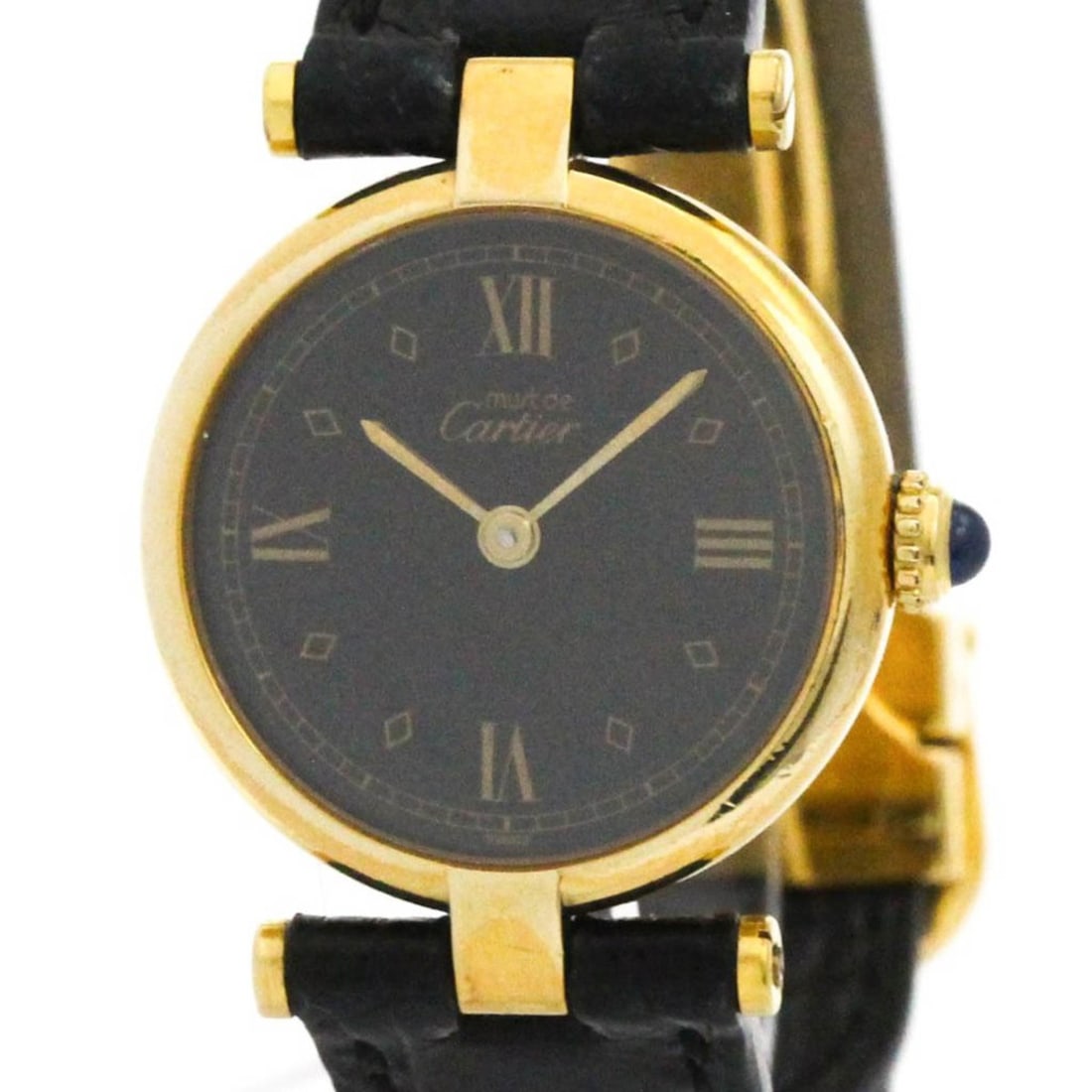 CARTIER Must Vendome Vermeil Gold Plated Quartz Ladies Watch 590004: --- Catalog ---Category: SizeCase Diameter: 24mm / 0.94''Category: DesignType: WristwatchStyle: Dress/FormalGender: WomenColor (Dial): BlackMaterial (Band): LeatherMaterial (Case): Gold platedCategory