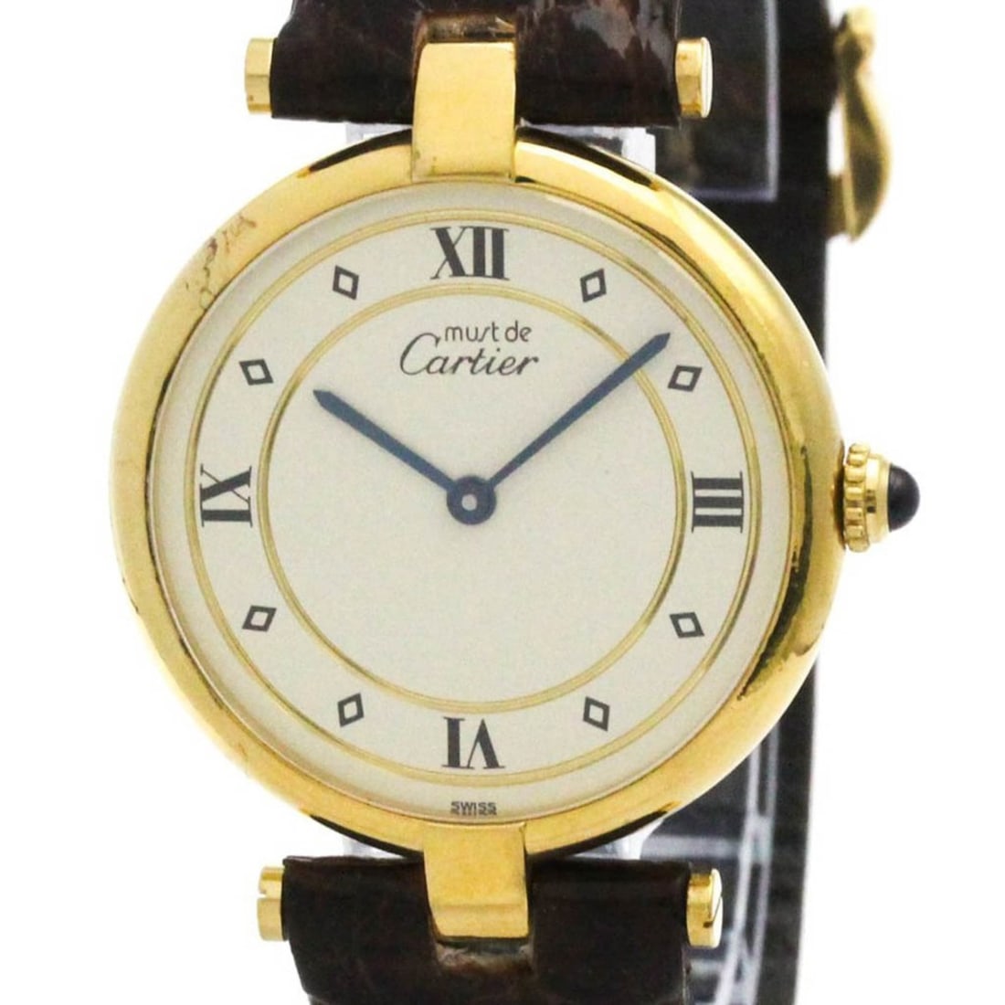 CARTIER Must Gold Plated Leather Quartz Ladies Watch W1001953: --- Catalog ---Category: SizeCase Diameter: 30mm / 1.18''Category: DesignType: WristwatchStyle: Dress/FormalGender: WomenColor (Dial): WhiteMaterial (Band): LeatherMaterial (Case): Gold platedCategory
