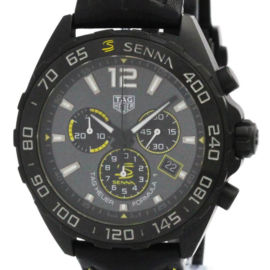 TAG HEUER Formula 1 Ayrton Senna Chronograph Watch CAZ101AJ: --- Catalog ---Category: SizeCase Diameter: 43mm / 1.69''Category: DesignType: WristwatchStyle: SportGender: MenColor (Dial): Black, GrayMaterial (Band): LeatherMaterial (Case): Stainless steelCategor